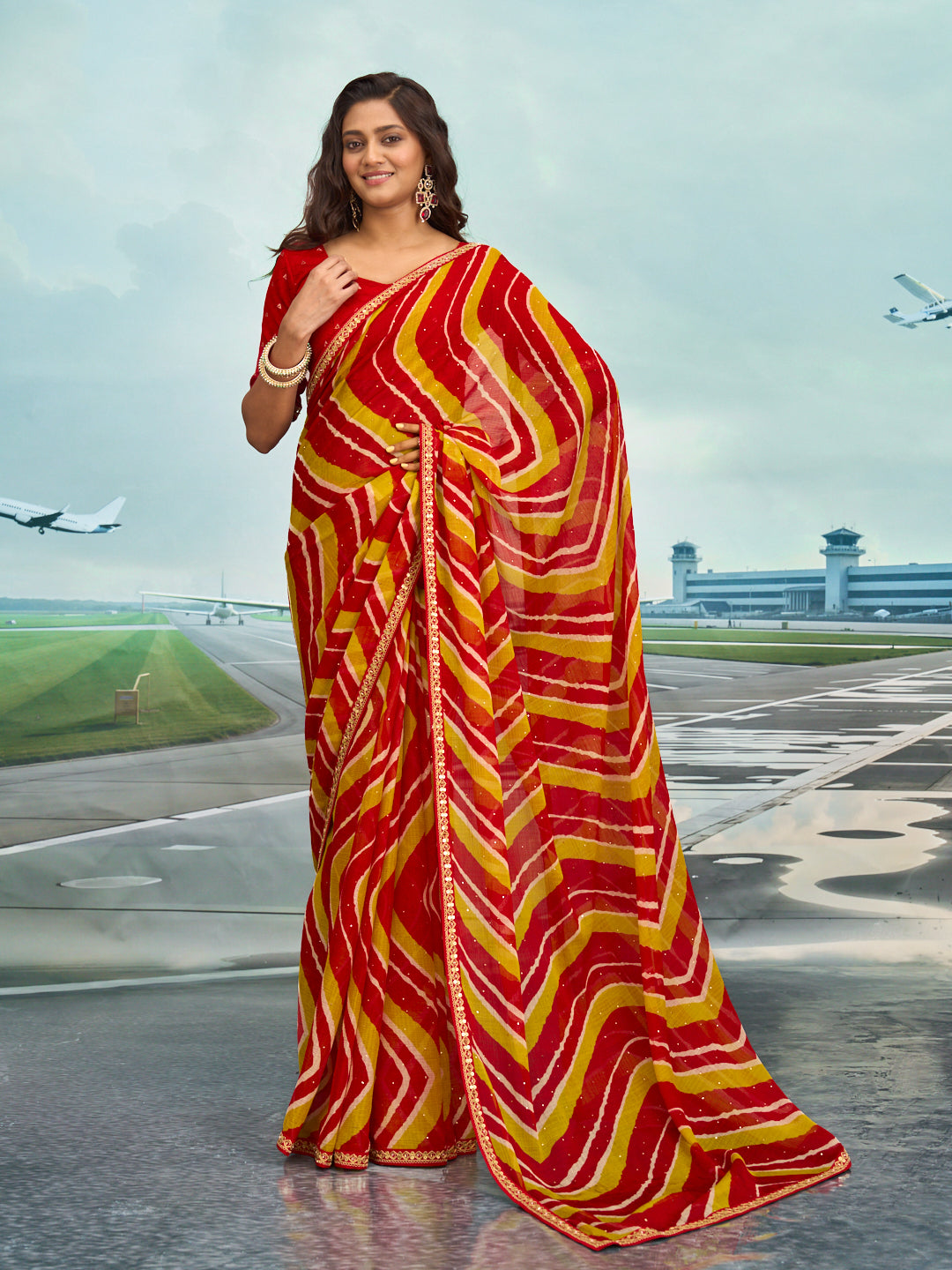 Laxmipati Raadhika Red Diagonal Wavy Striped Print Chiffon Saree
