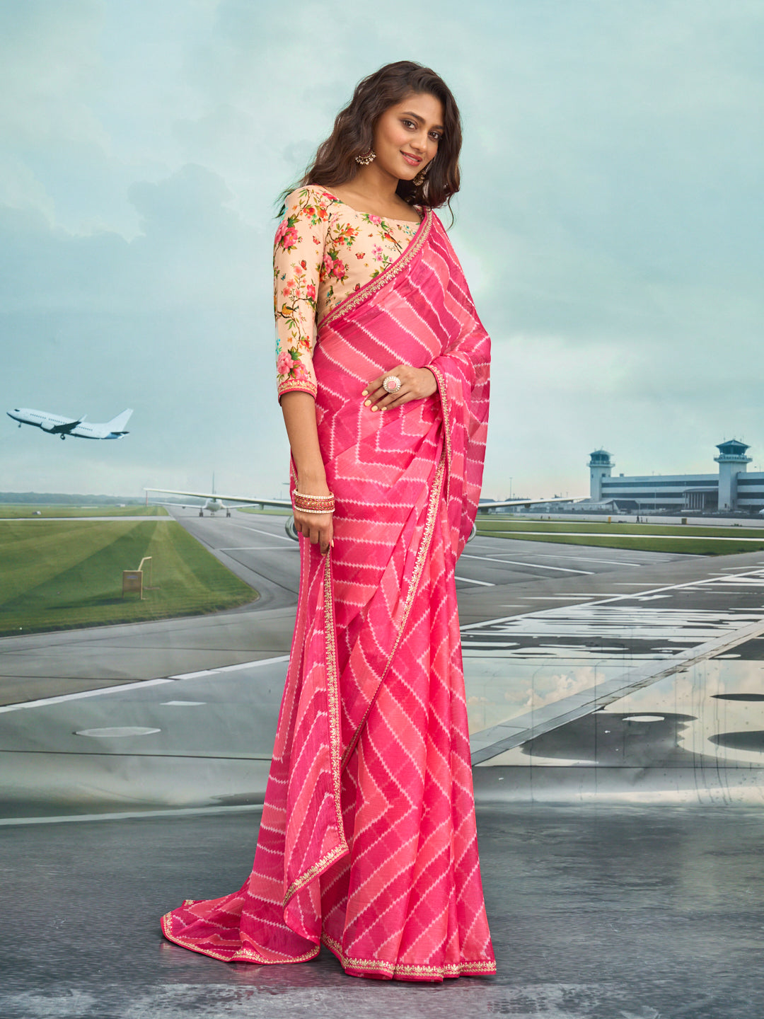 Laxmipati Raadhika Pink Striped Ikat Print Chiffon Saree
