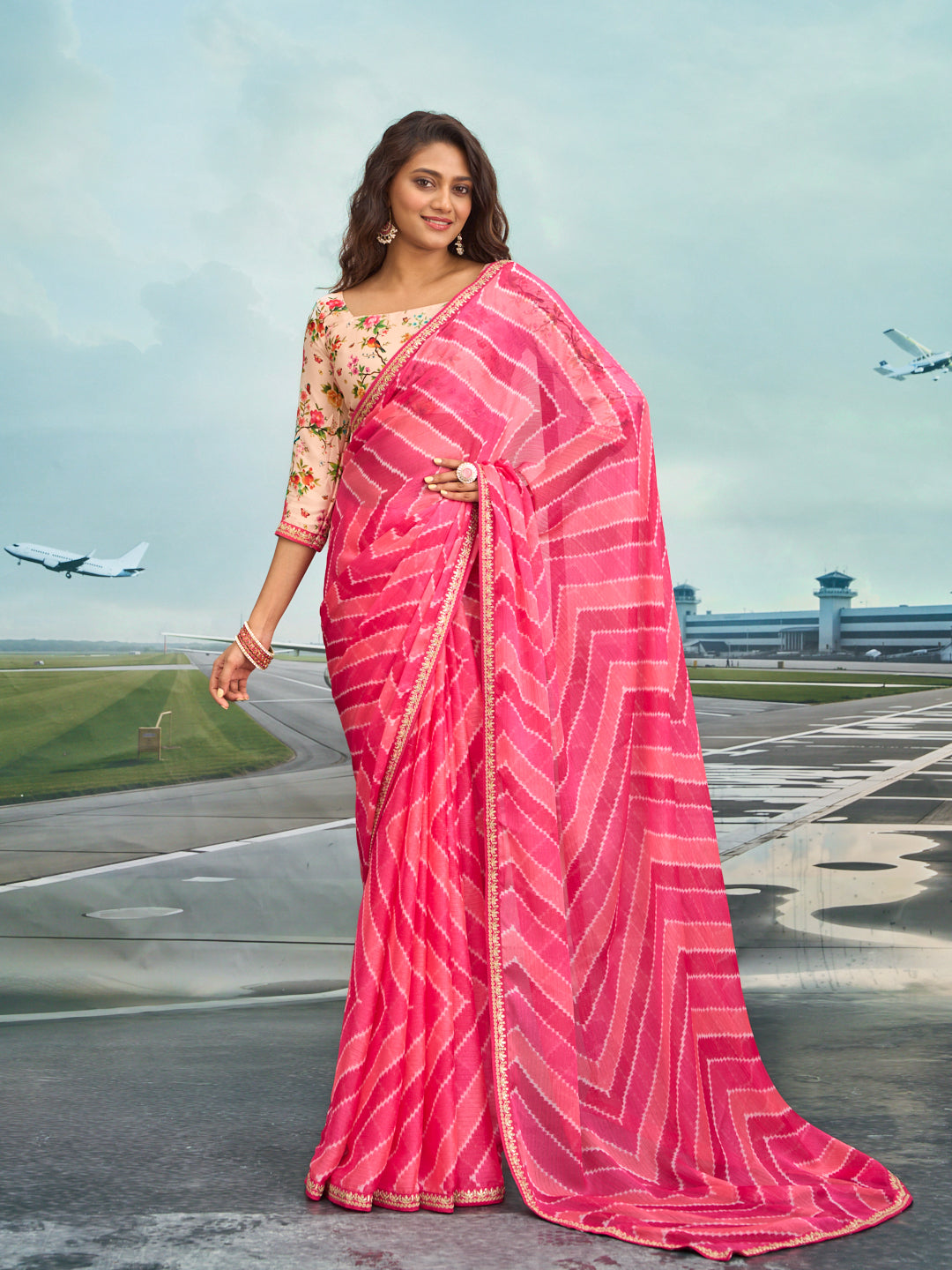 Laxmipati Raadhika Pink Striped Ikat Print Chiffon Saree