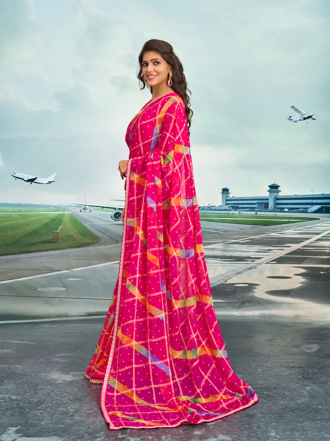 Laxmipati Raadhika Dark Pink Geometric Print Chiffon Saree