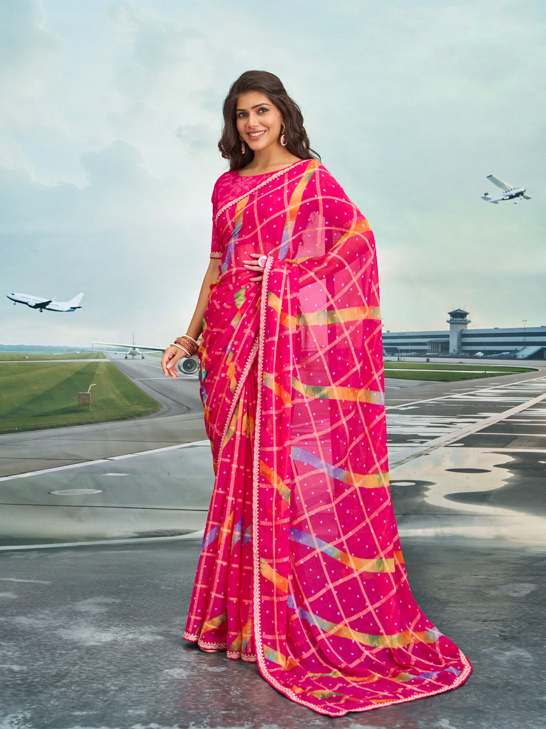 Laxmipati Raadhika Dark Pink Geometric Print Chiffon Saree