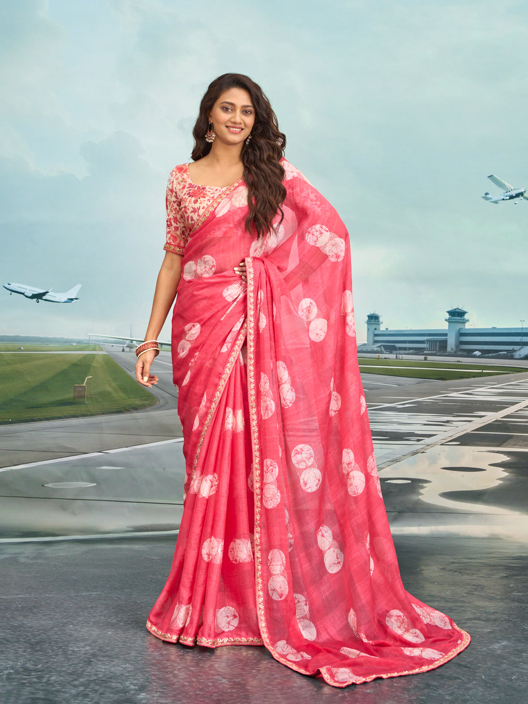 Laxmipati Raadhika Pink Abstract Print Chiffon Saree