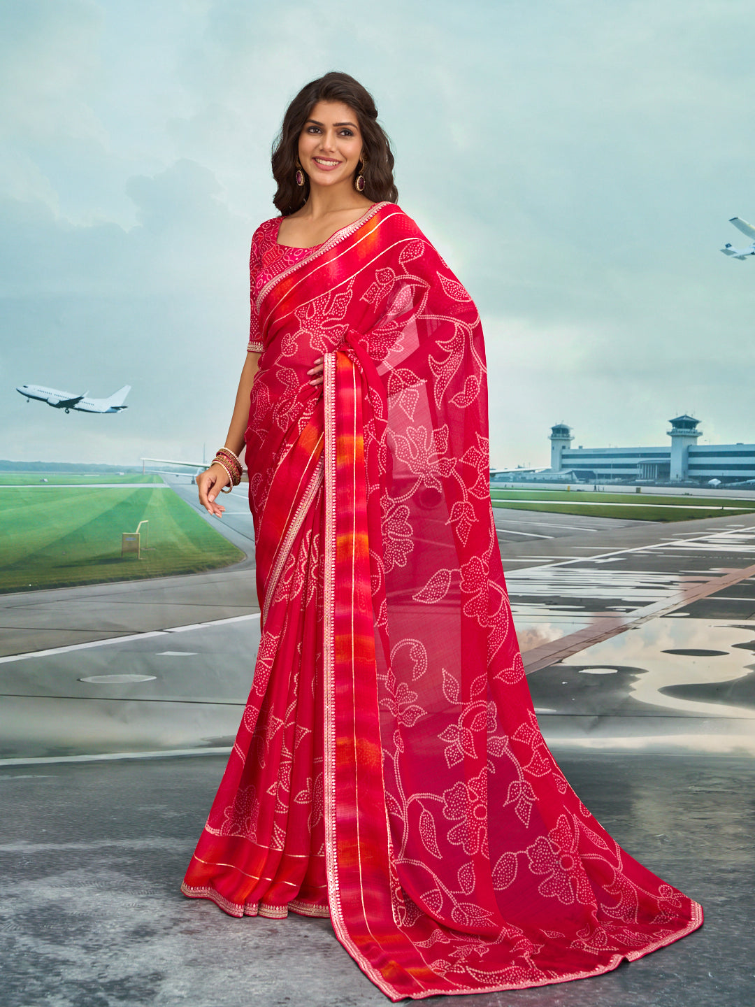 Laxmipati Raadhika Red Floral Print Chiffon Saree