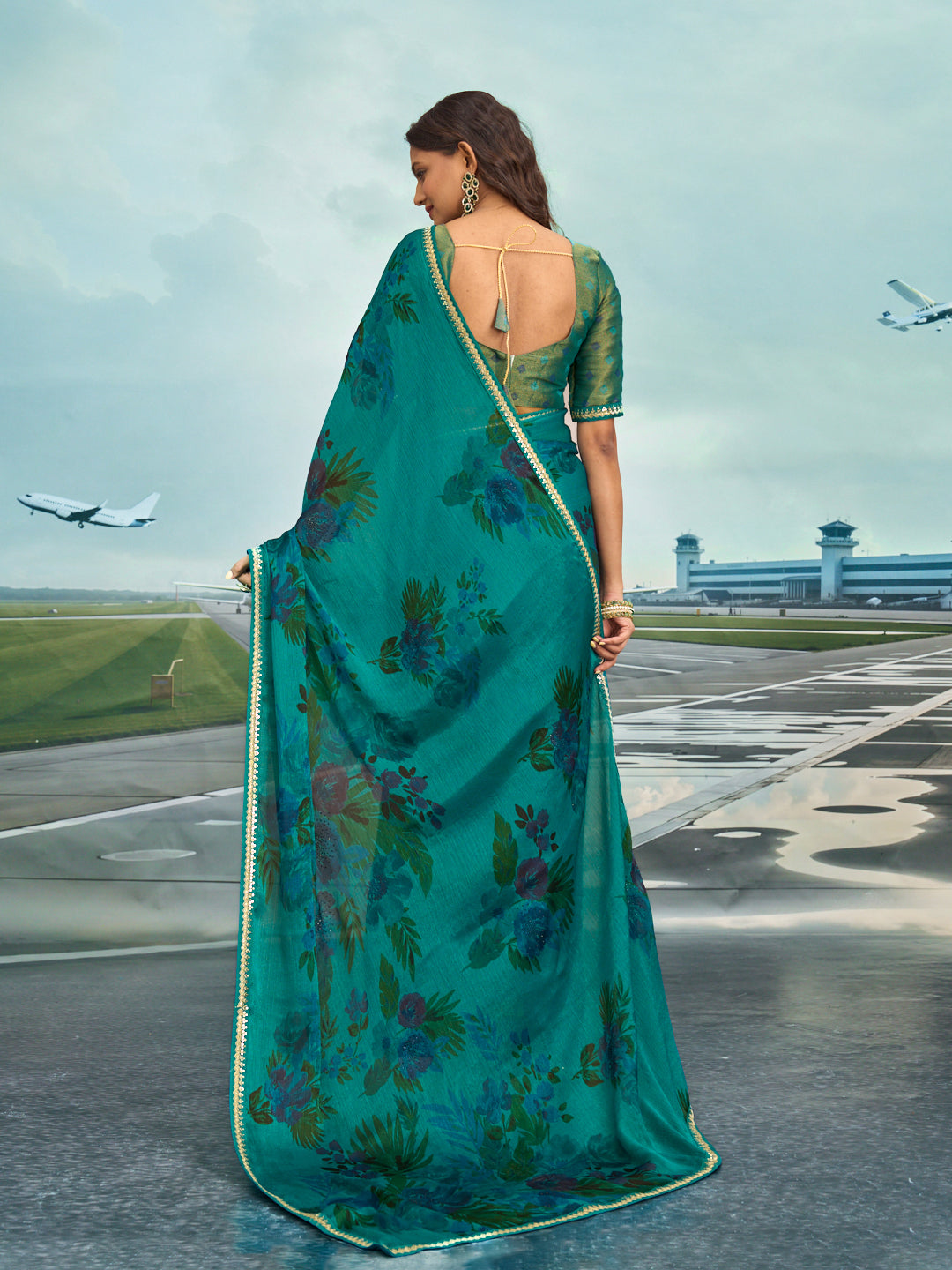 Laxmipati Raadhika Teal Blue Floral Print Chiffon Saree