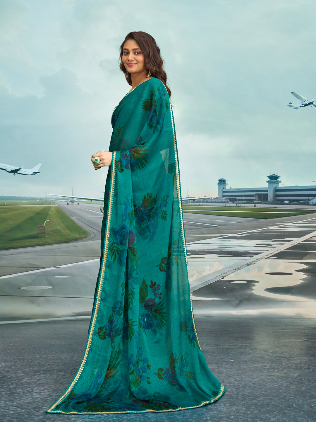 Laxmipati Raadhika Teal Blue Floral Print Chiffon Saree