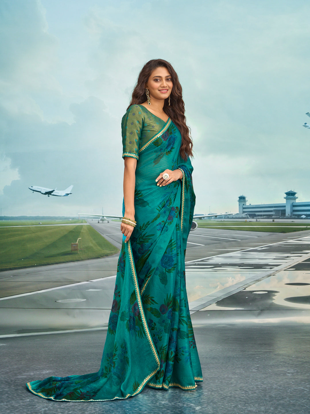 Laxmipati Raadhika Teal Blue Floral Print Chiffon Saree