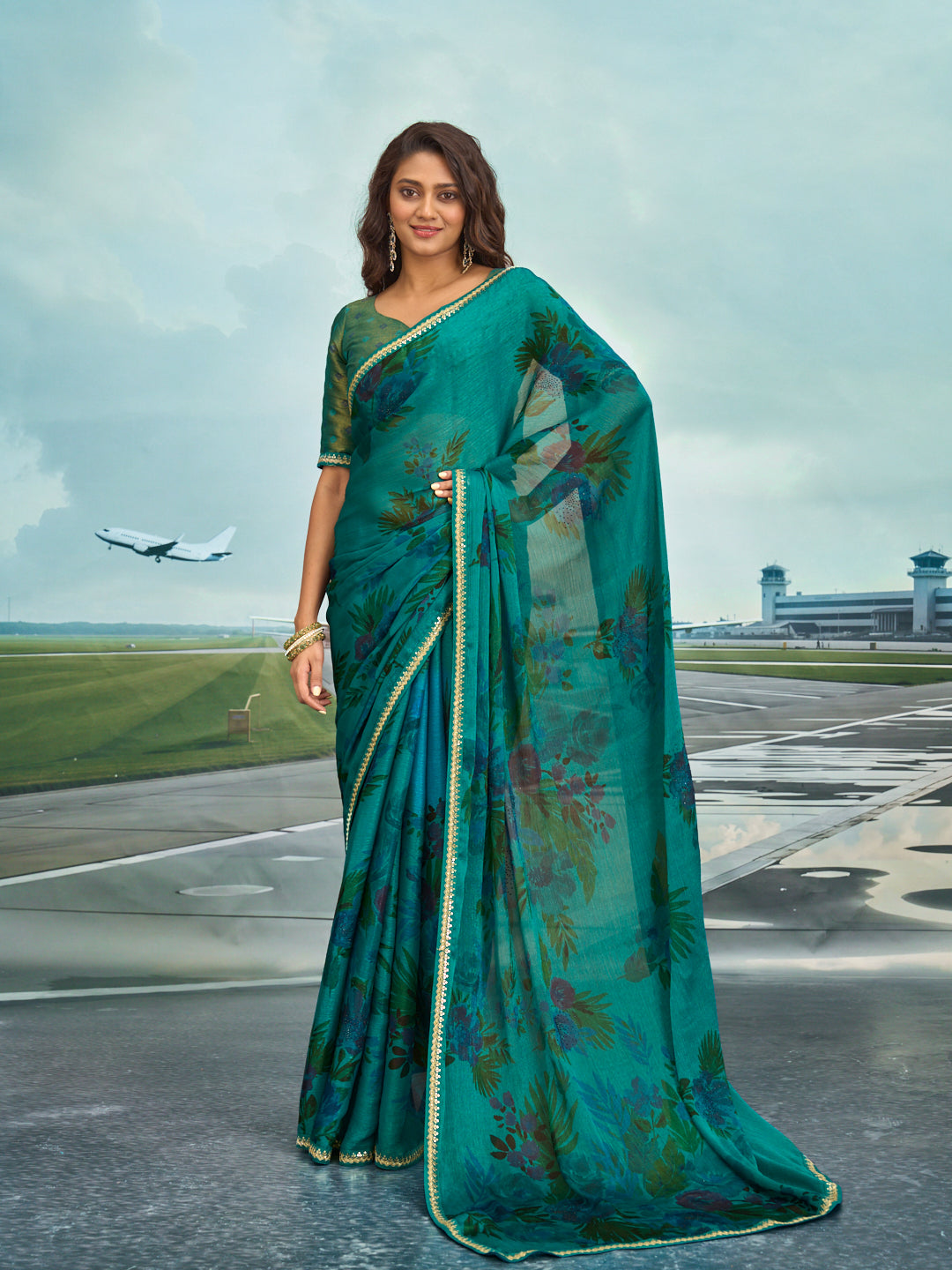 Laxmipati Raadhika Teal Blue Floral Print Chiffon Saree