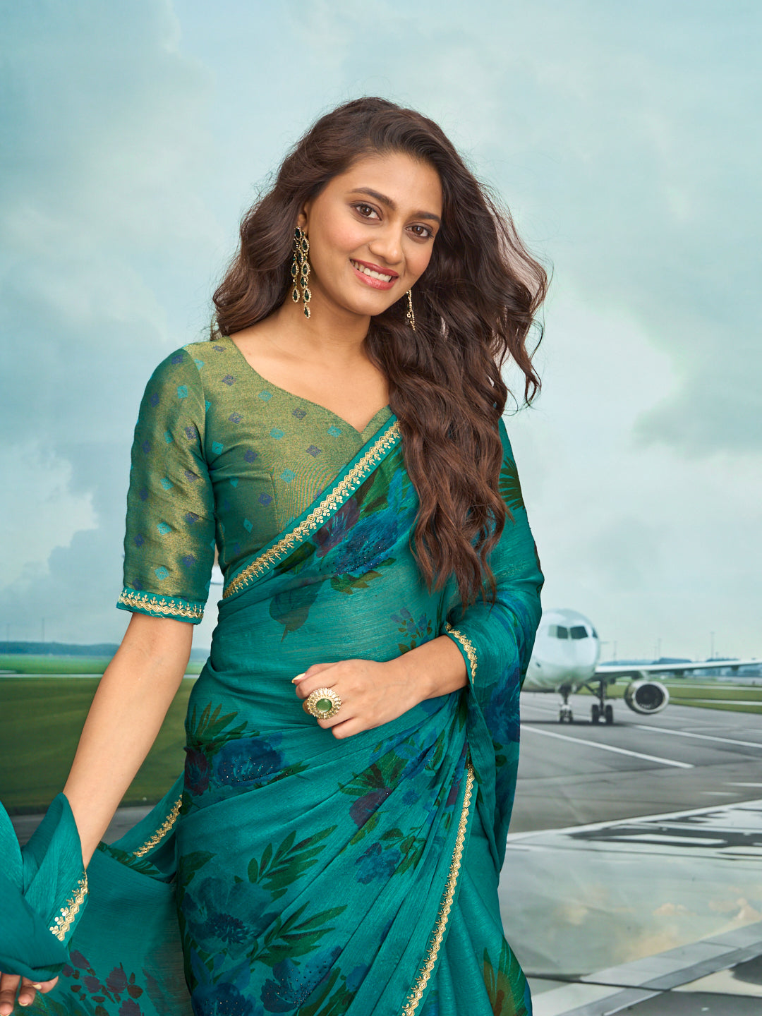 Laxmipati Raadhika Teal Blue Floral Print Chiffon Saree