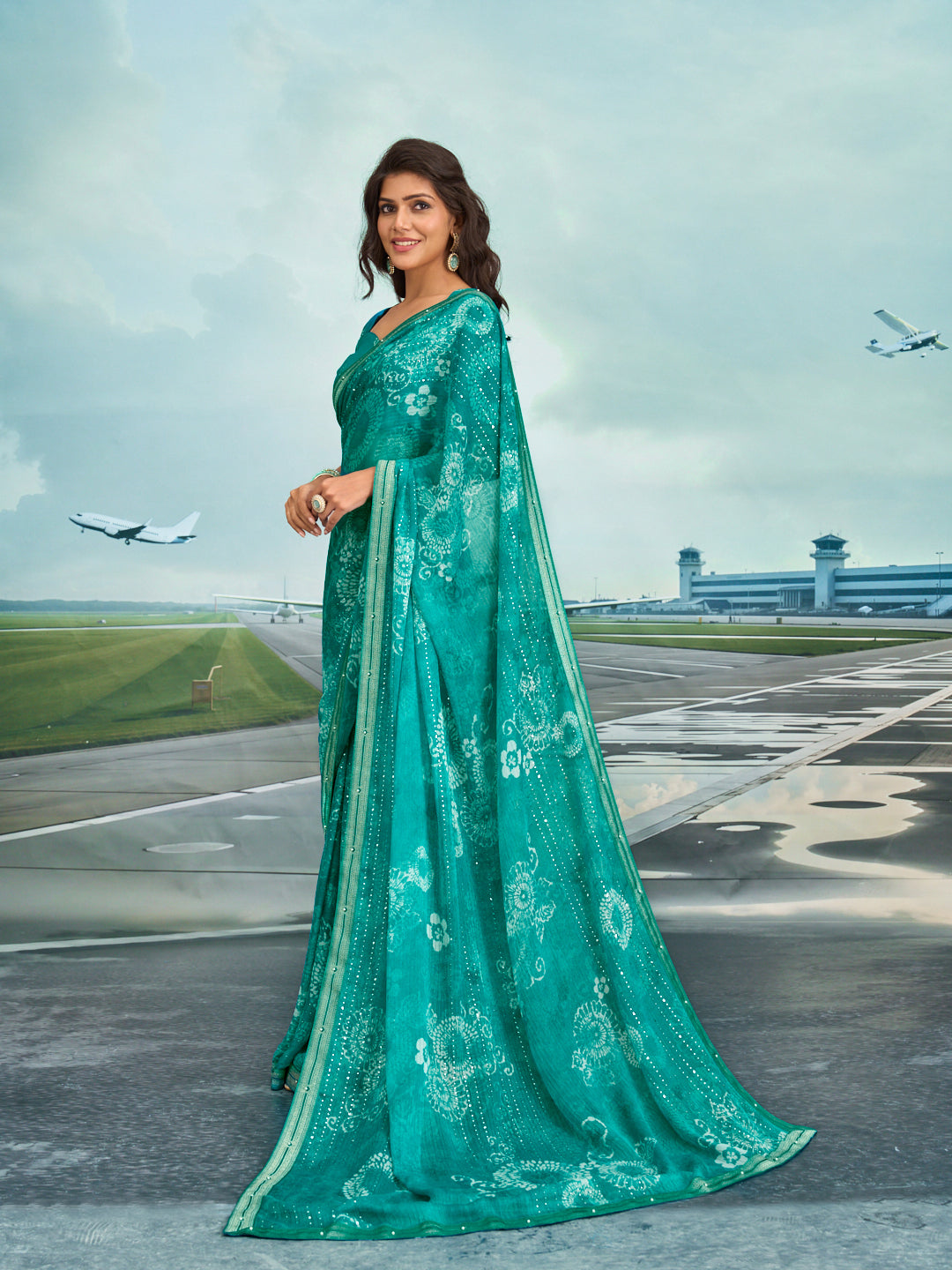 Laxmipati Raadhika Turquoise Blue Floral Print Chiffon Saree