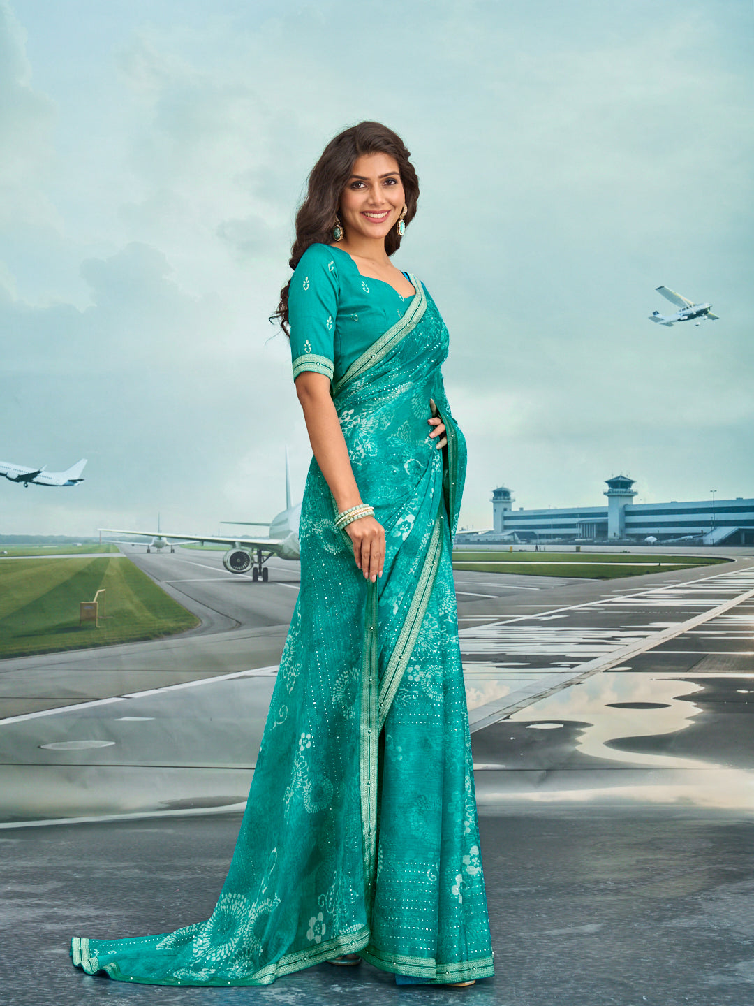 Laxmipati Raadhika Turquoise Blue Floral Print Chiffon Saree