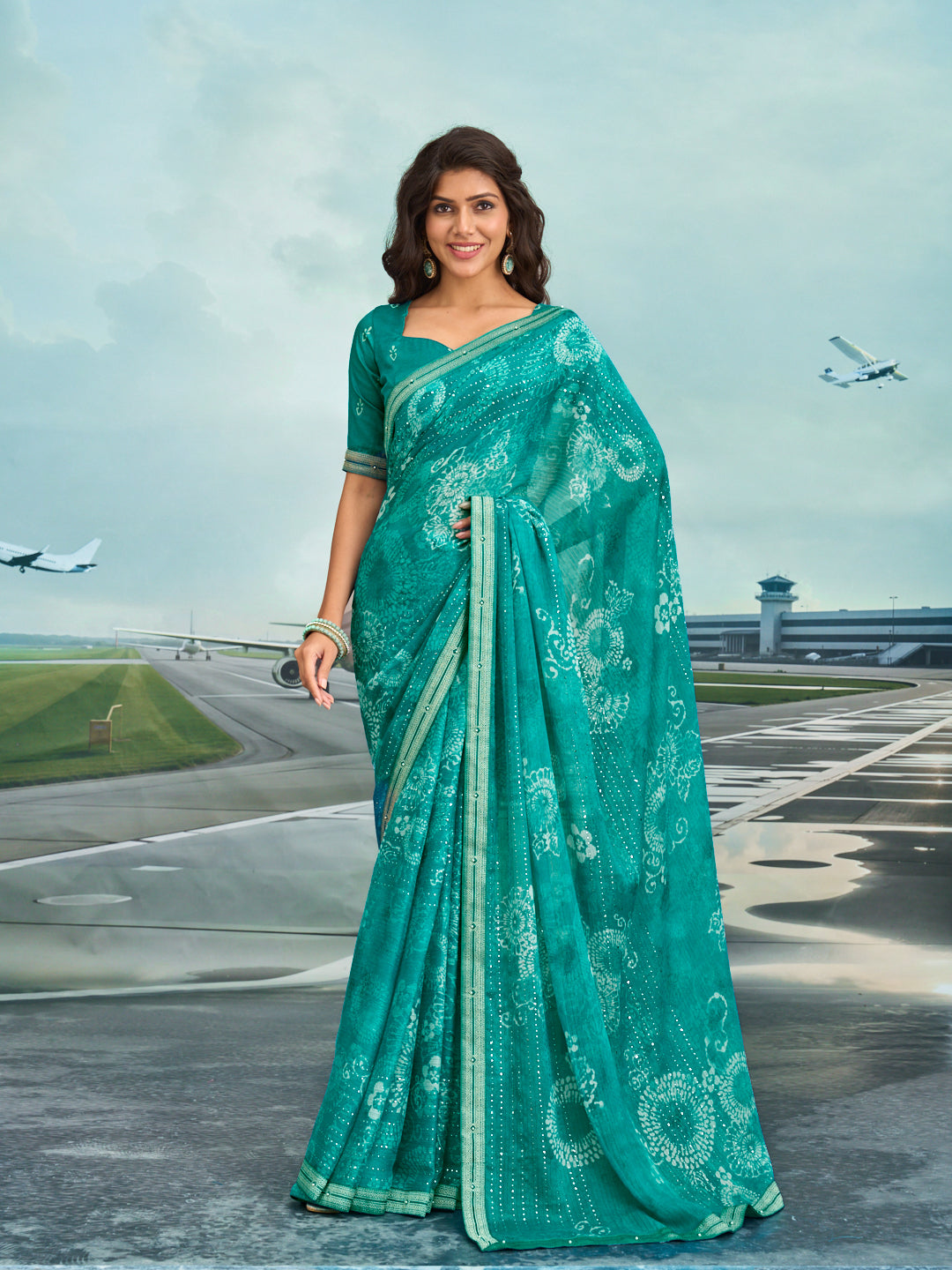 Laxmipati Raadhika Turquoise Blue Floral Print Chiffon Saree