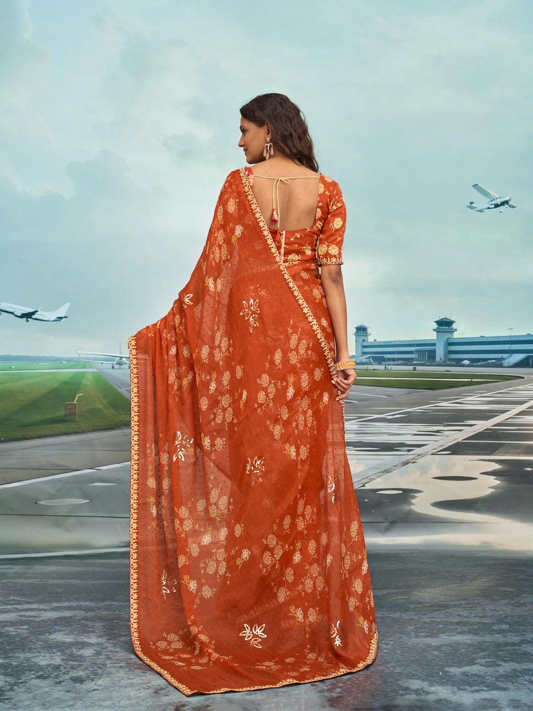 Laxmipati Raadhika Brown Floral Print Chiffon Saree