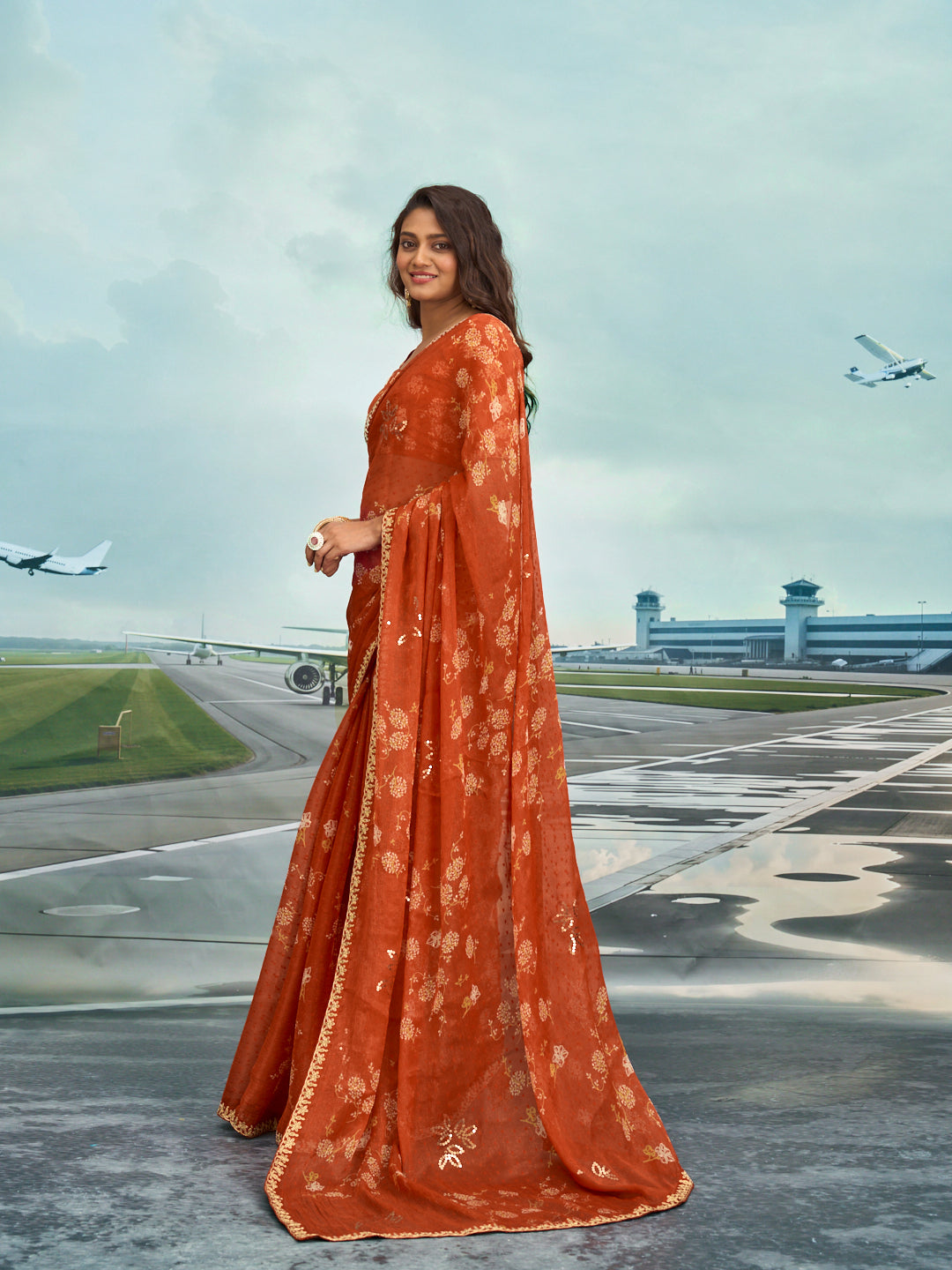 Laxmipati Raadhika Brown Floral Print Chiffon Saree