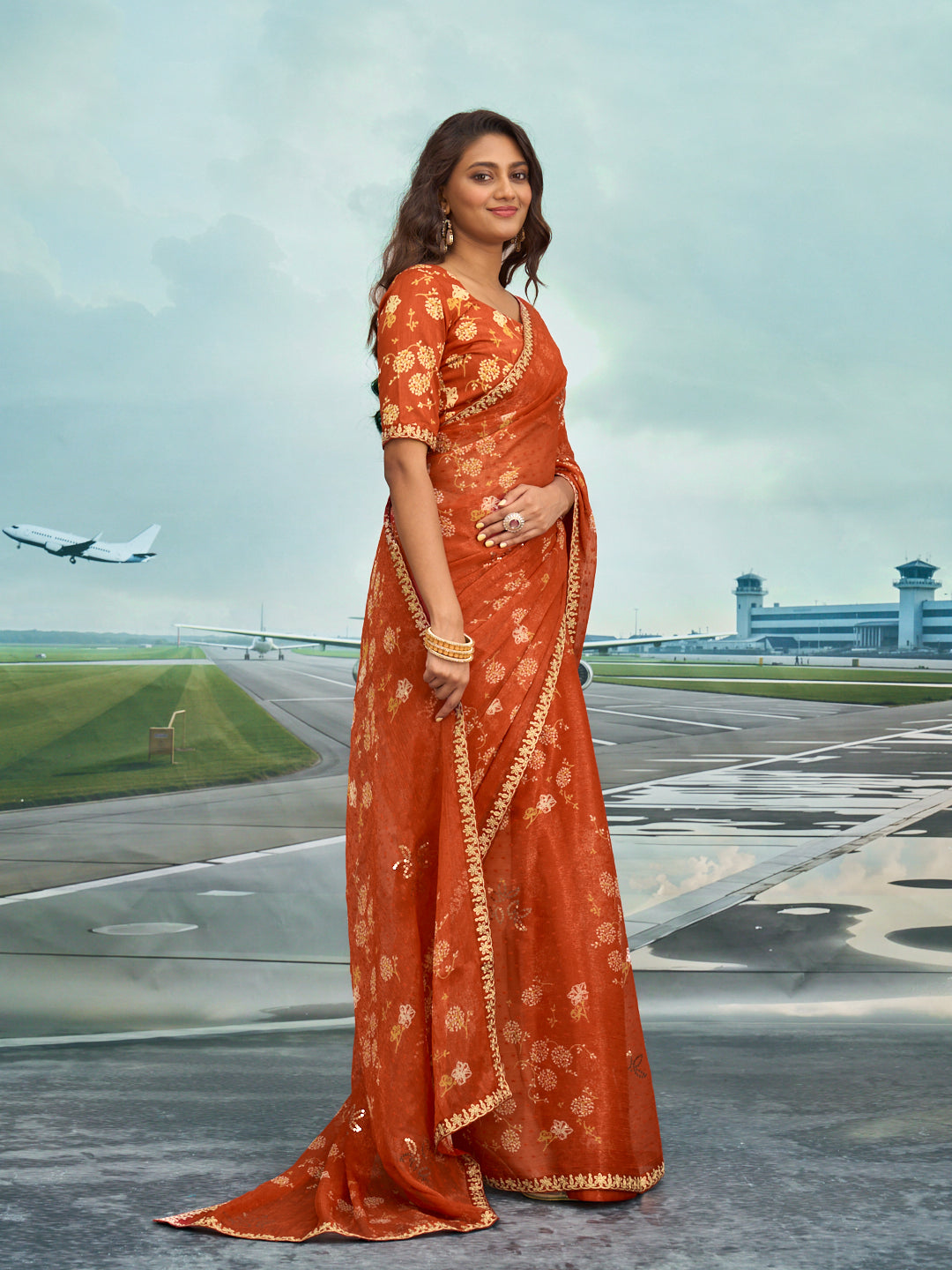 Laxmipati Raadhika Brown Floral Print Chiffon Saree