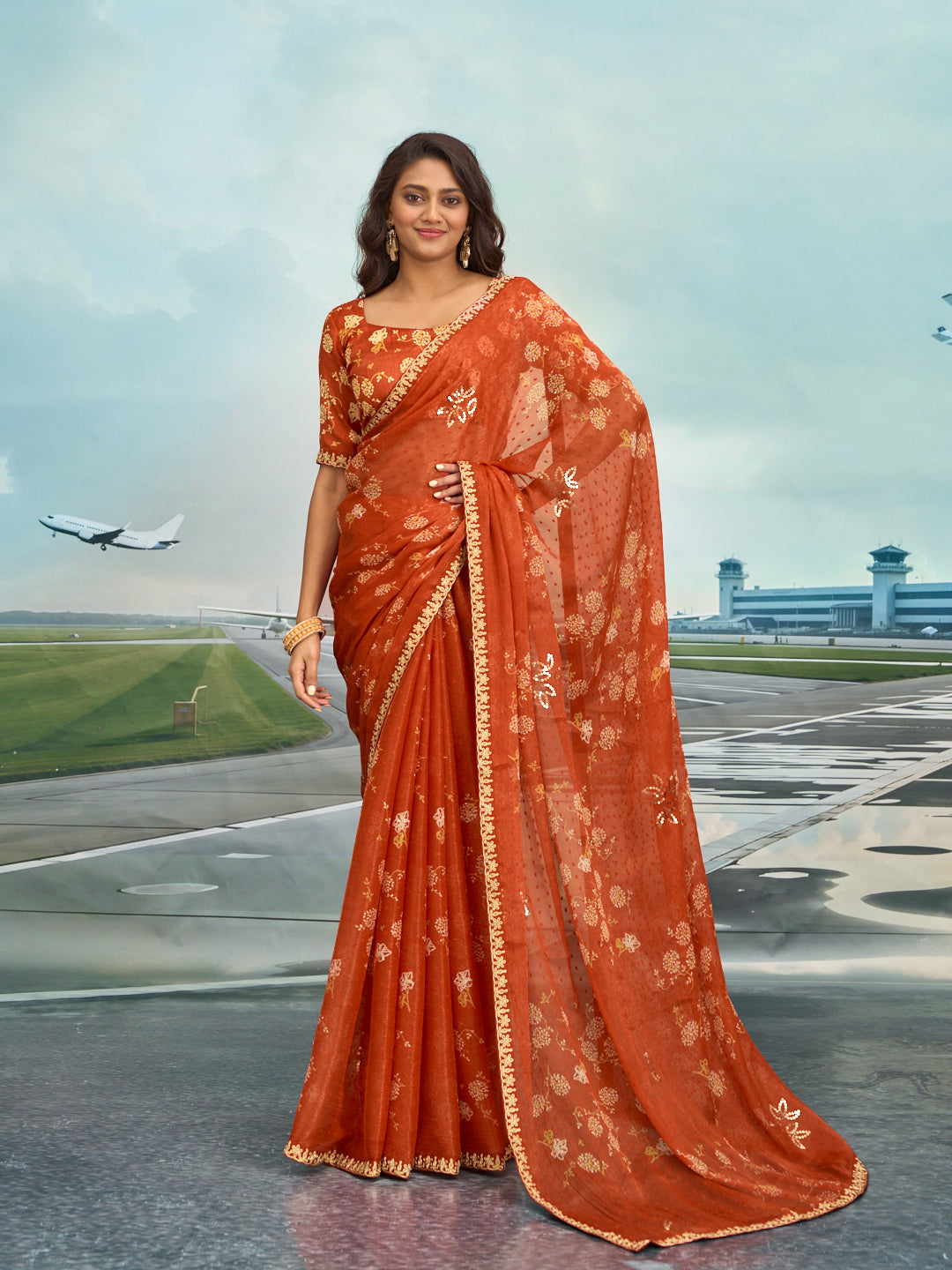 Laxmipati Raadhika Brown Floral Print Chiffon Saree
