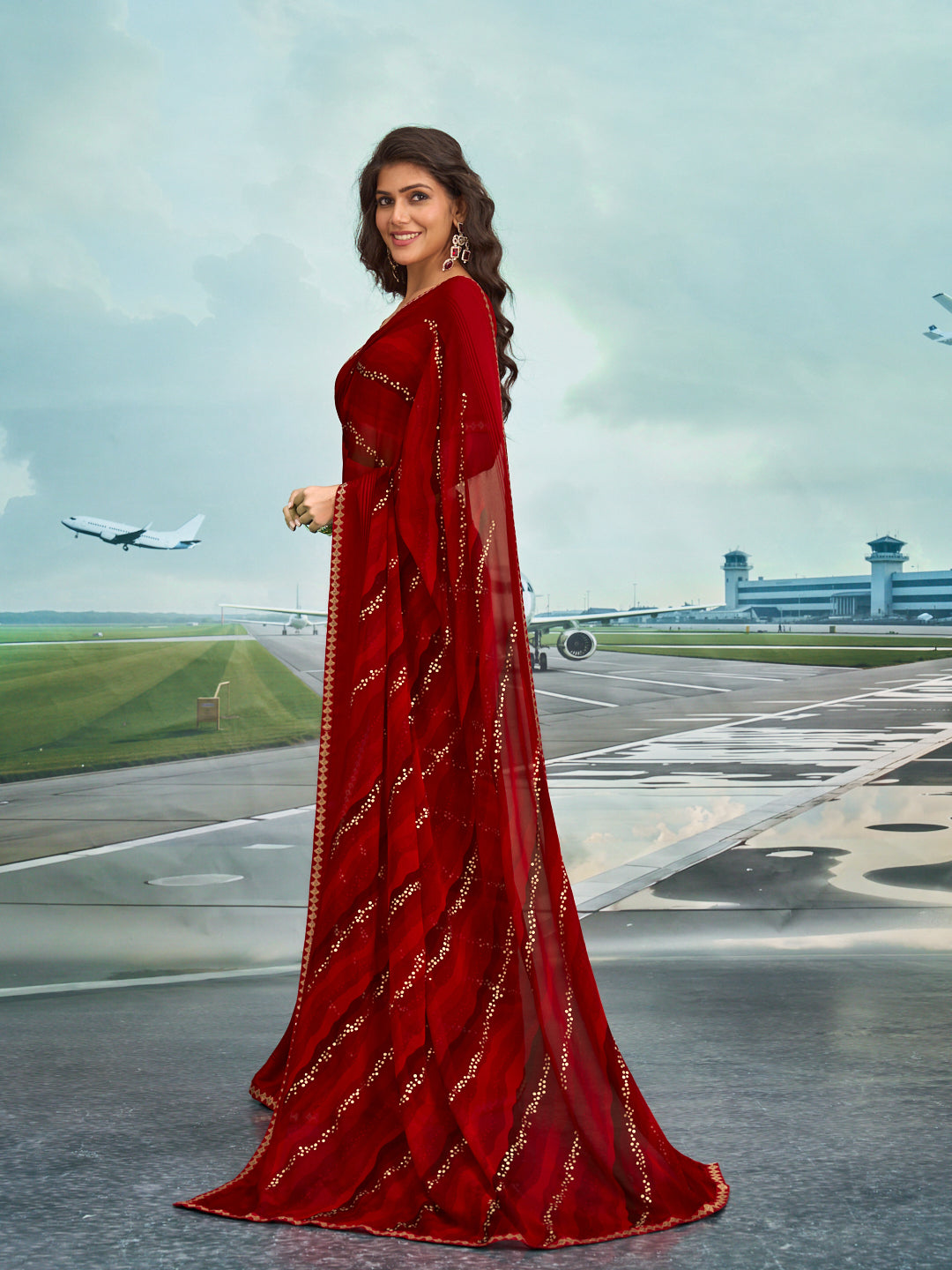Laxmipati Raadhika Red Wavy Print Georgette Saree