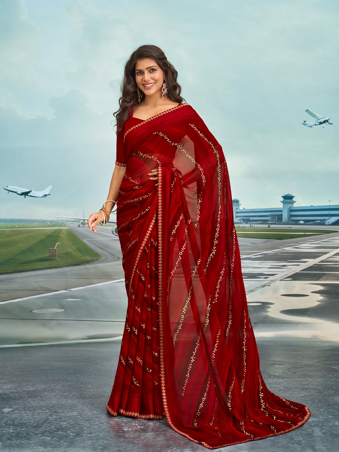 Laxmipati Raadhika Red Wavy Print Georgette Saree