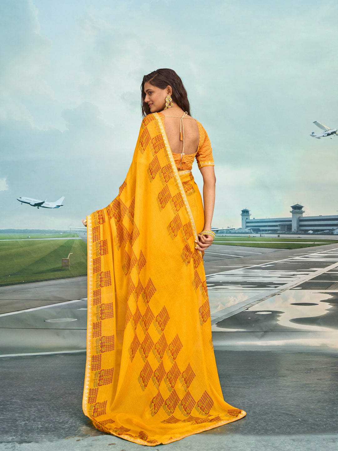 Laxmipati Raadhika Mustard Floral Print Chiffon Saree