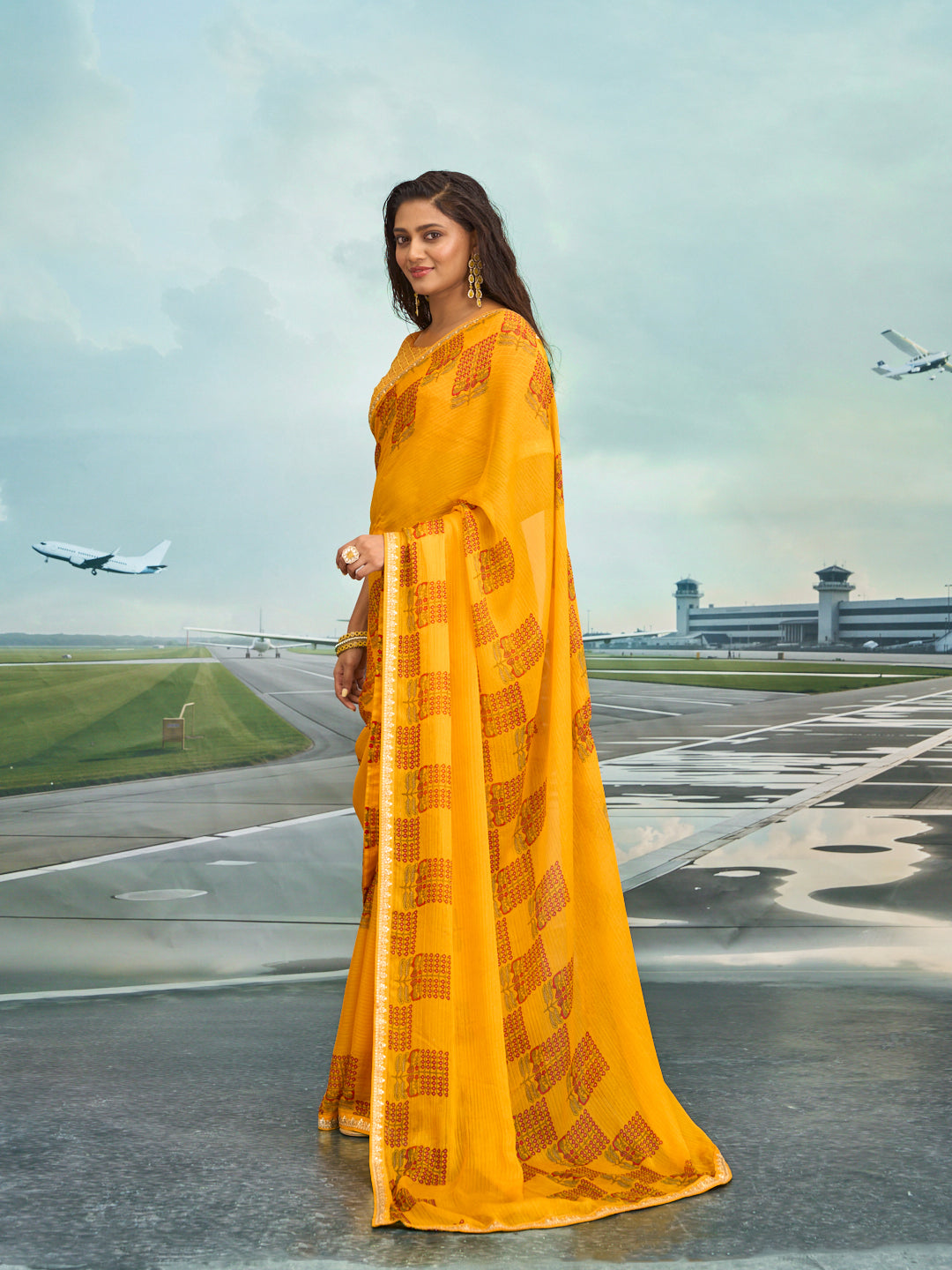 Laxmipati Raadhika Mustard Floral Print Chiffon Saree