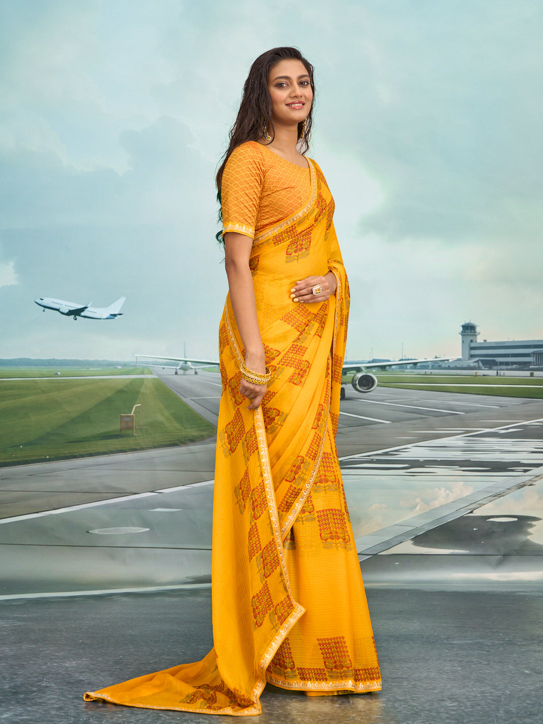 Laxmipati Raadhika Mustard Floral Print Chiffon Saree