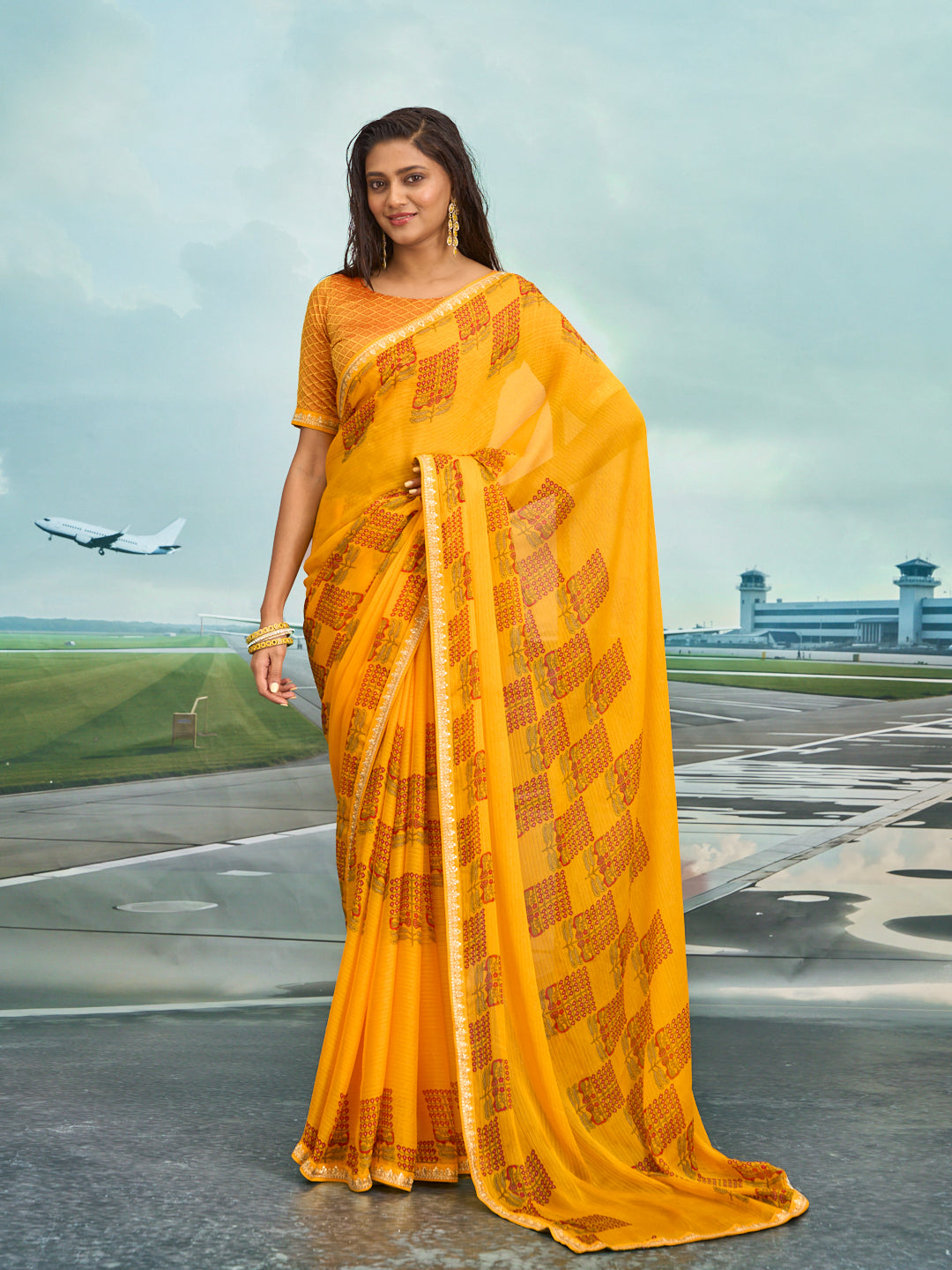 Laxmipati Raadhika Mustard Floral Print Chiffon Saree