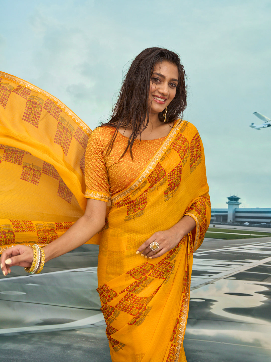 Laxmipati Raadhika Mustard Floral Print Chiffon Saree