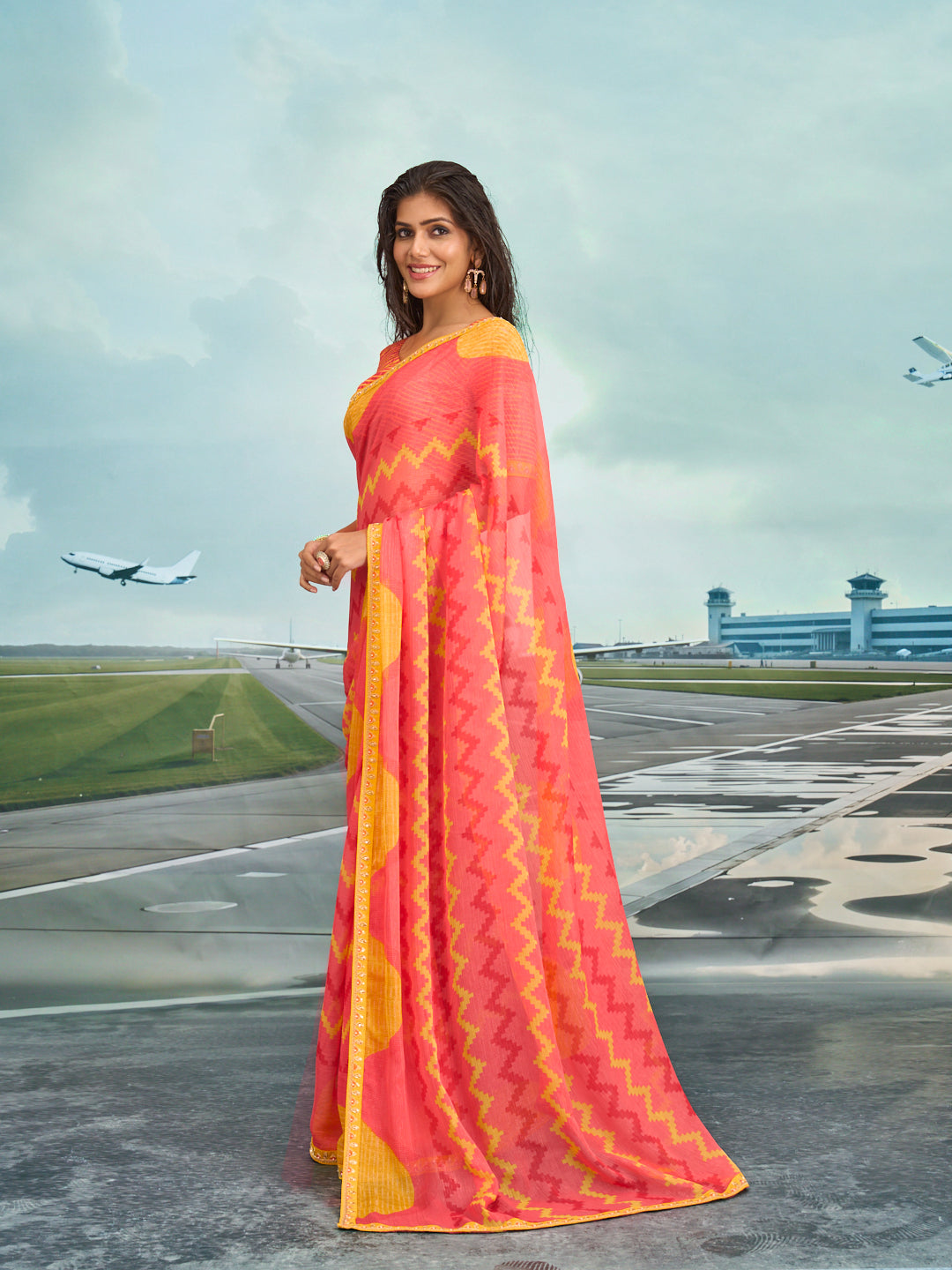 Laxmipati Raadhika Peach Chevron Print Chiffon Saree