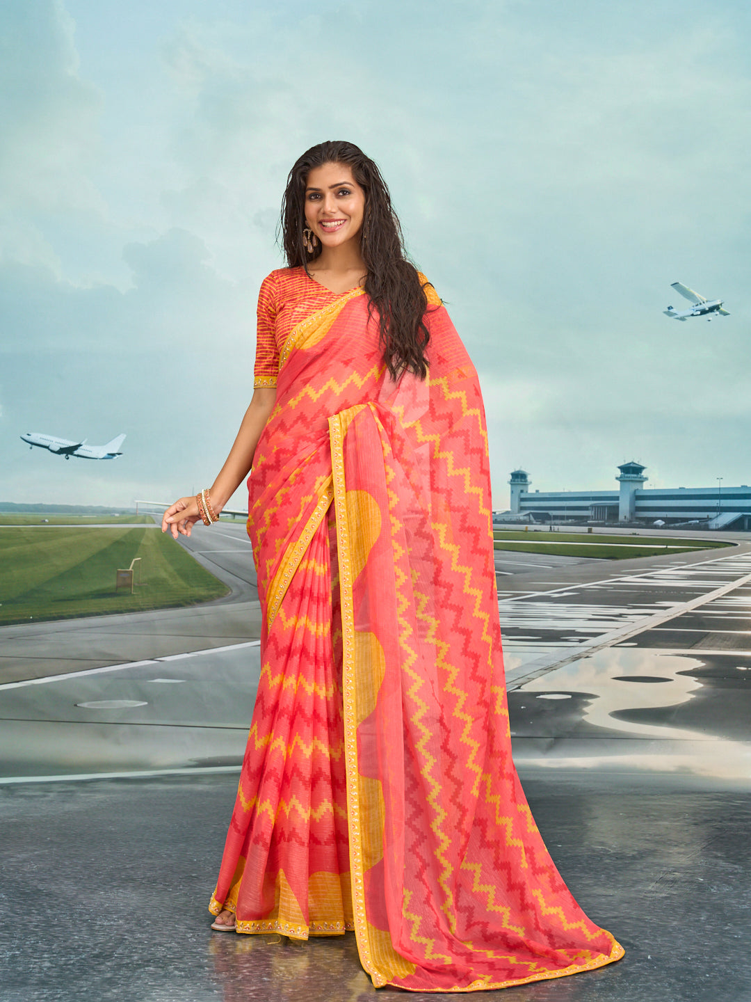 Laxmipati Raadhika Peach Chevron Print Chiffon Saree