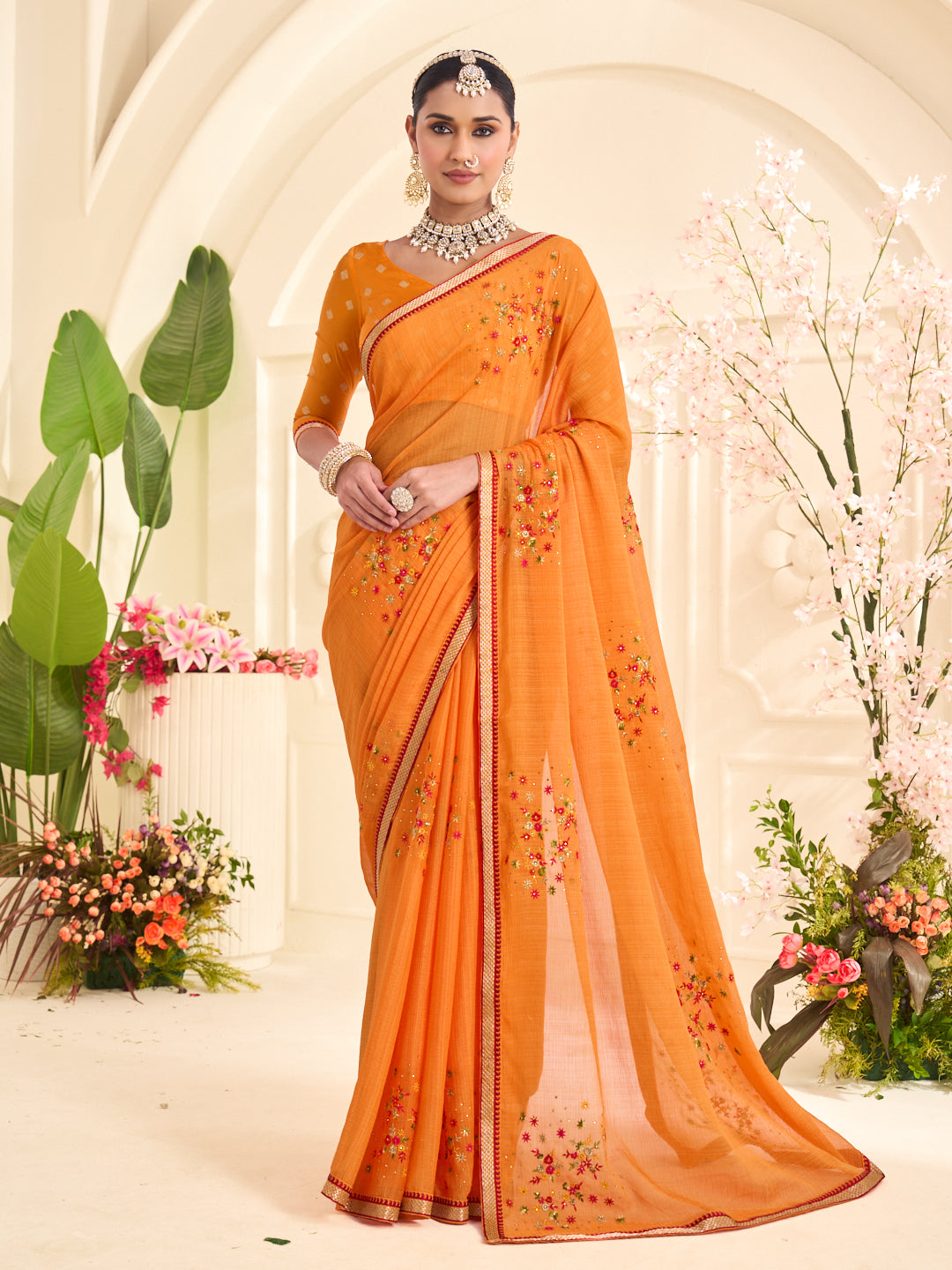 Laxmipati Popcorn Floral Embroidered Chiffon Saree in Orange Color