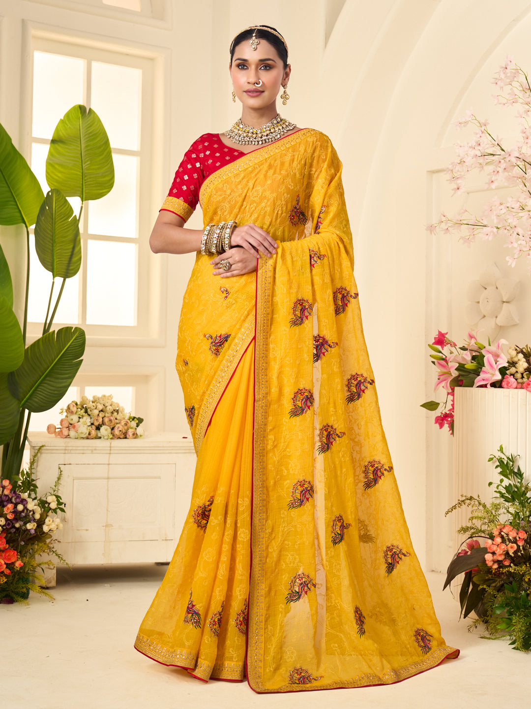 Laxmipati Popcorn Floral Embroidered Chiffon Saree in Yellow Color