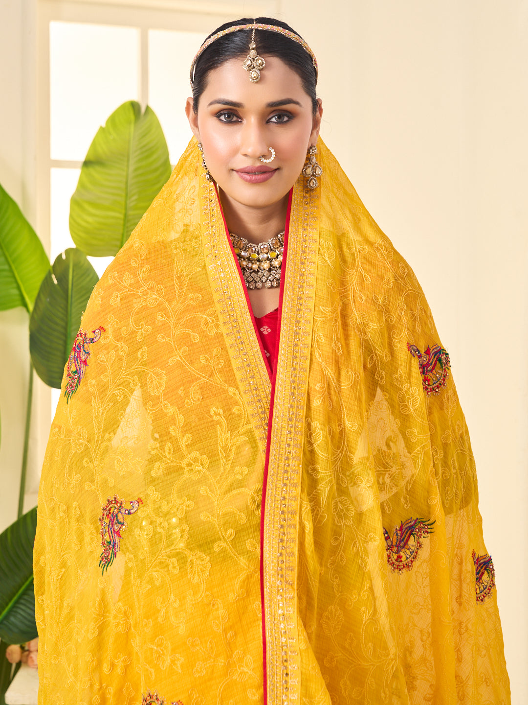 Laxmipati Popcorn Floral Embroidered Chiffon Saree in Yellow Color
