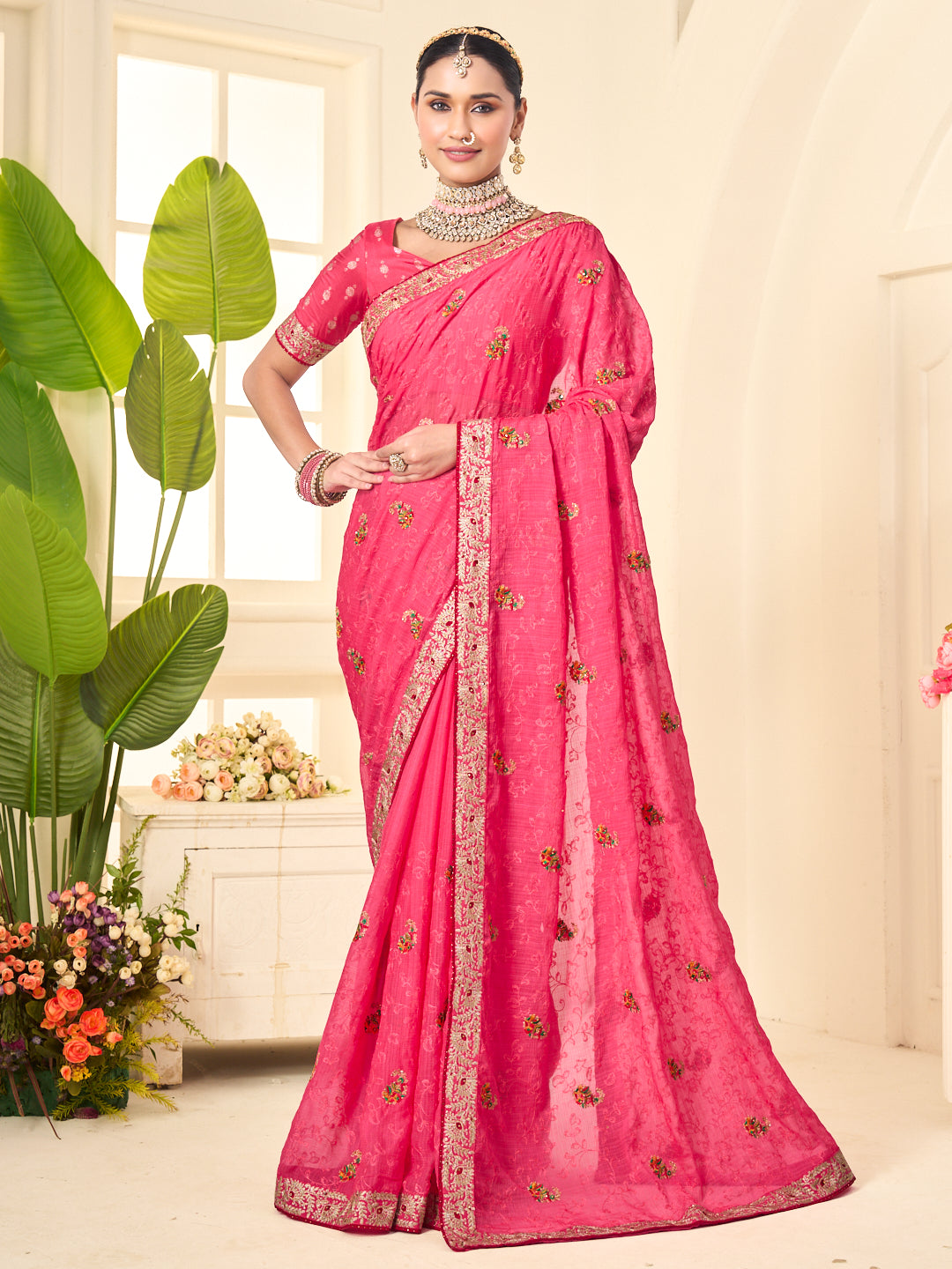 Laxmipati Popcorn Floral Embroidered Chiffon Saree in Pink Color