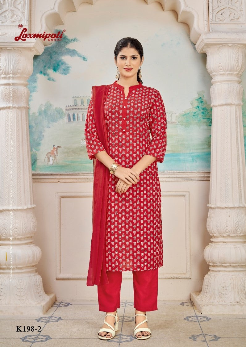 Laxmipati K198-2 Spun Cotton Base Dark Red Kurti With Pant & Dupatta