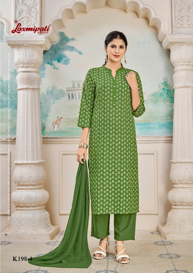 Laxmipati K198-4 Spun Cotton Base Dark Green Kurti With Pant & Dupatta