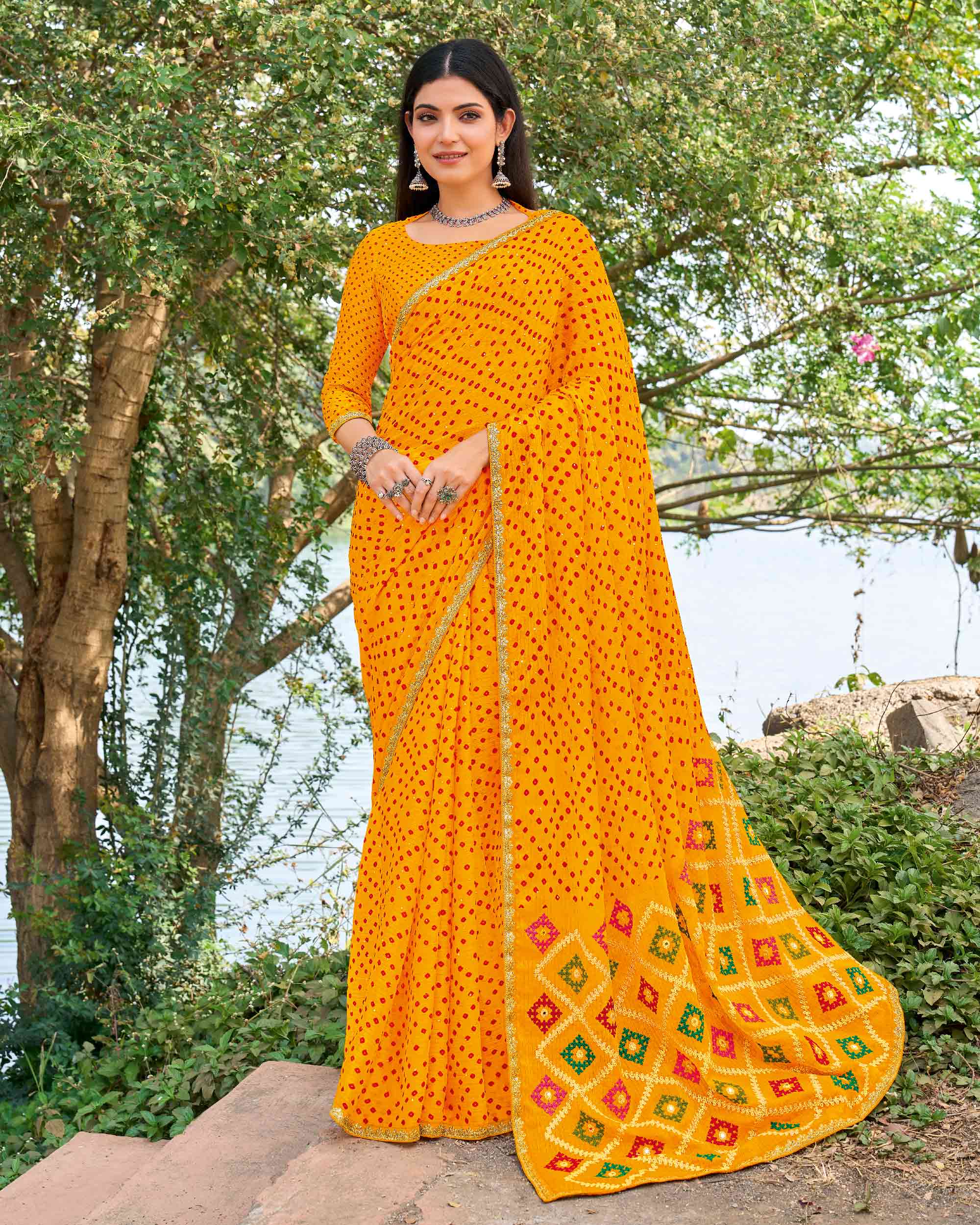 Yellow chiffon bandhani embroidered saree