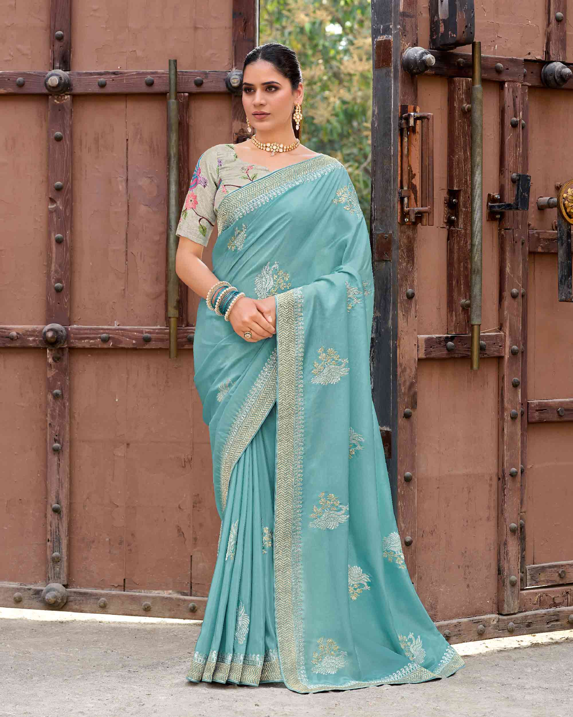 Laxmipati Makhmali Blue Silk Blend Embroidered Saree
