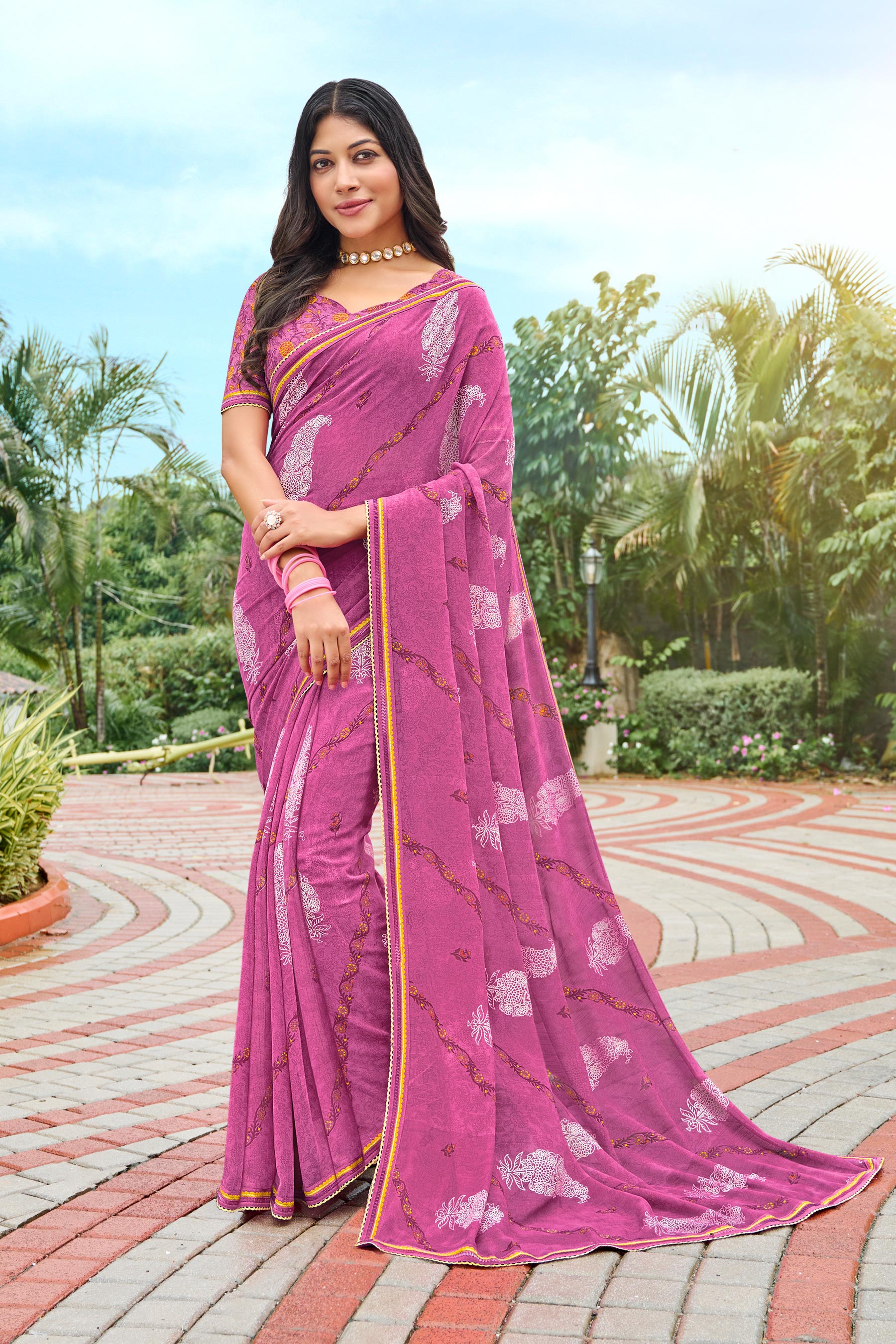 Mauve Chiffon Saree with Fancy Lace Border - Varsha