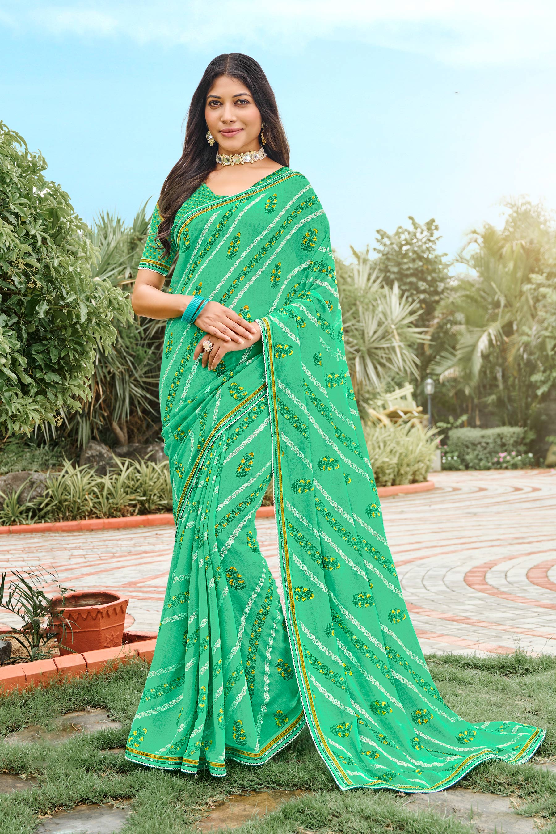 Green Chiffon Saree with Fancy Lace Border - Varsha