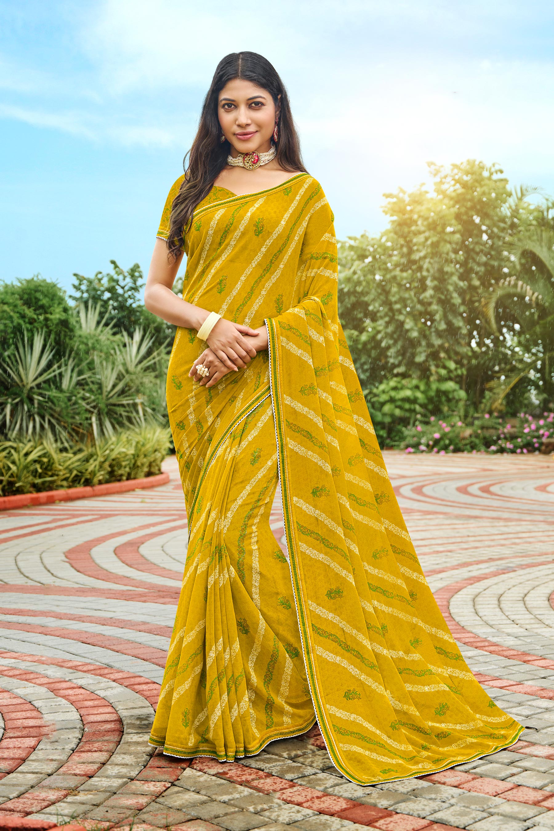 Yellow Chiffon Saree with Fancy Lace Border - Varsha