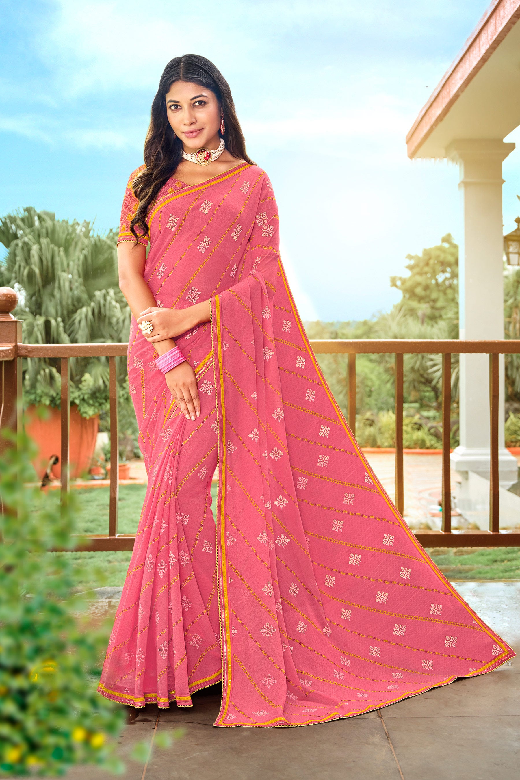 Peach Chiffon Saree with Fancy Lace Border - Varsha