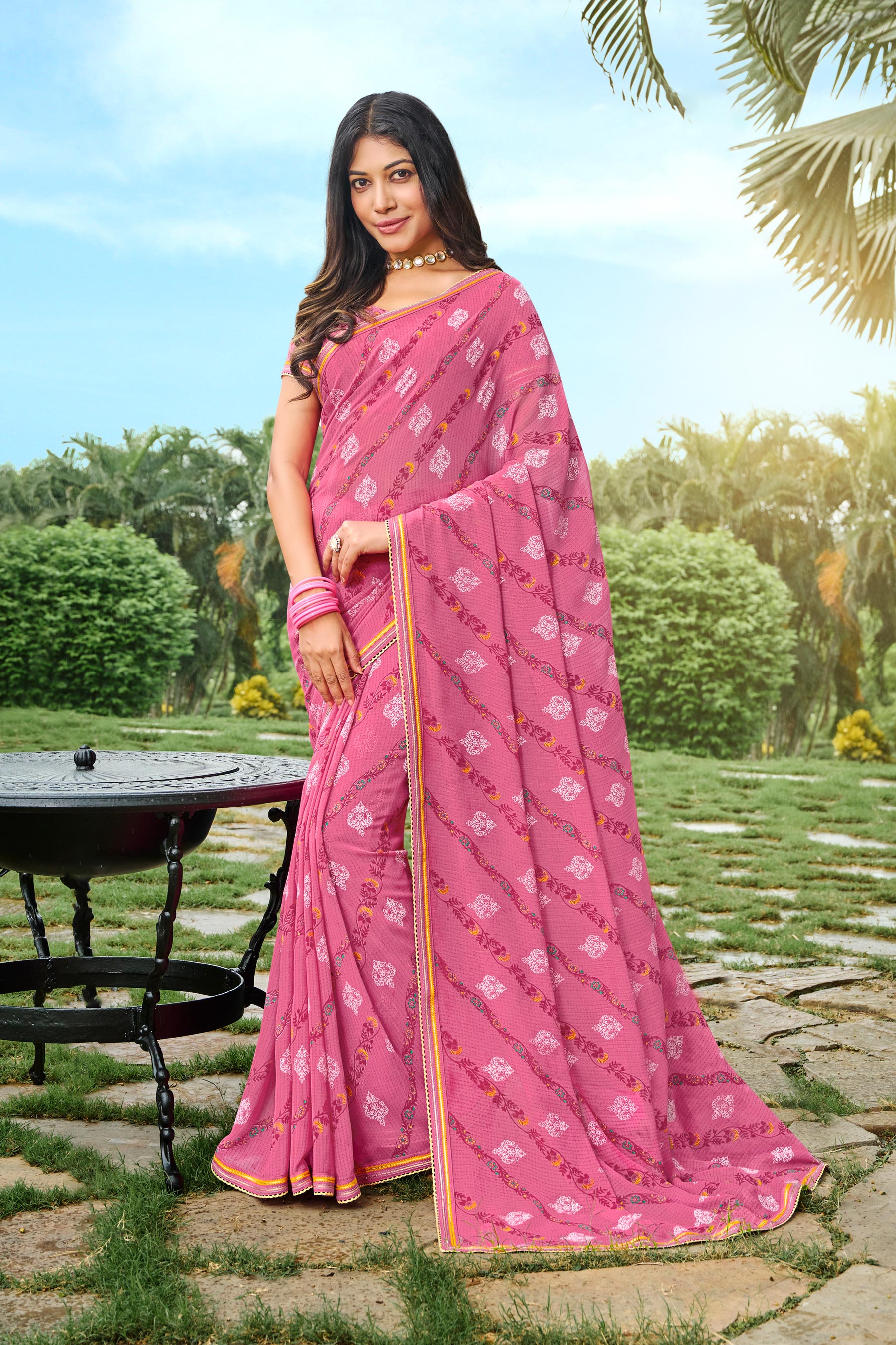 Pink Chiffon Saree with Fancy Lace Border - Varsha