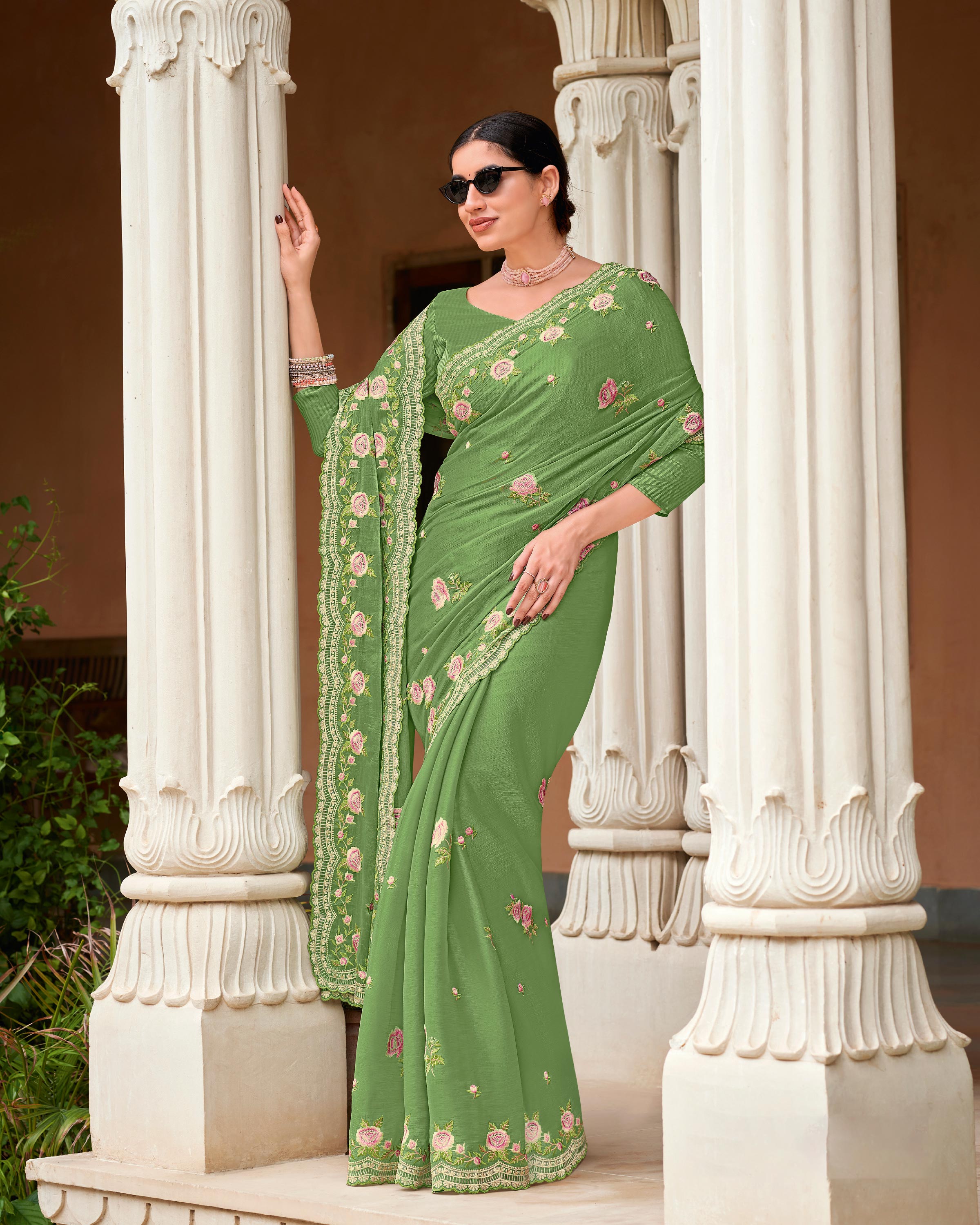 Laxmipati Gud_Chini N-2227 Satin Chiffon Green Saree