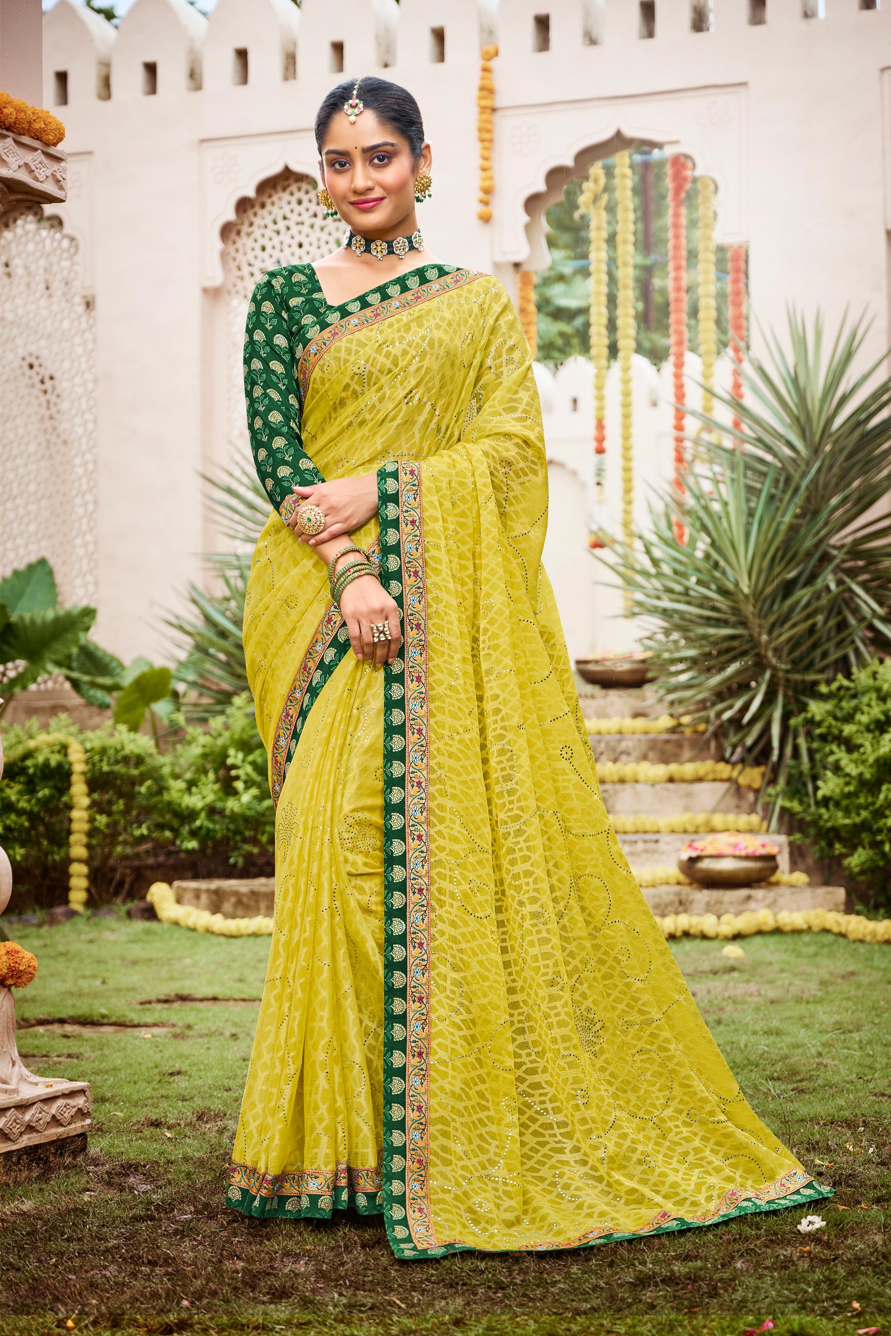 Laxmipati Dhan_laxmi N-2252 Chiffon Brasso Lemon Yellow Saree
