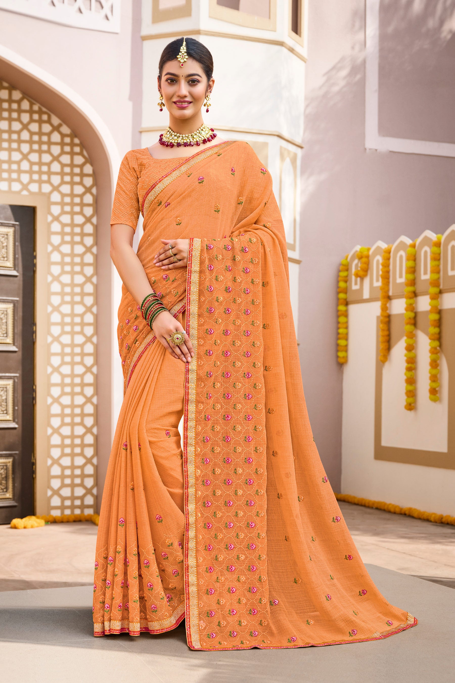Light Orange Chiffon Saree with Classy Lace Border - Laadlee