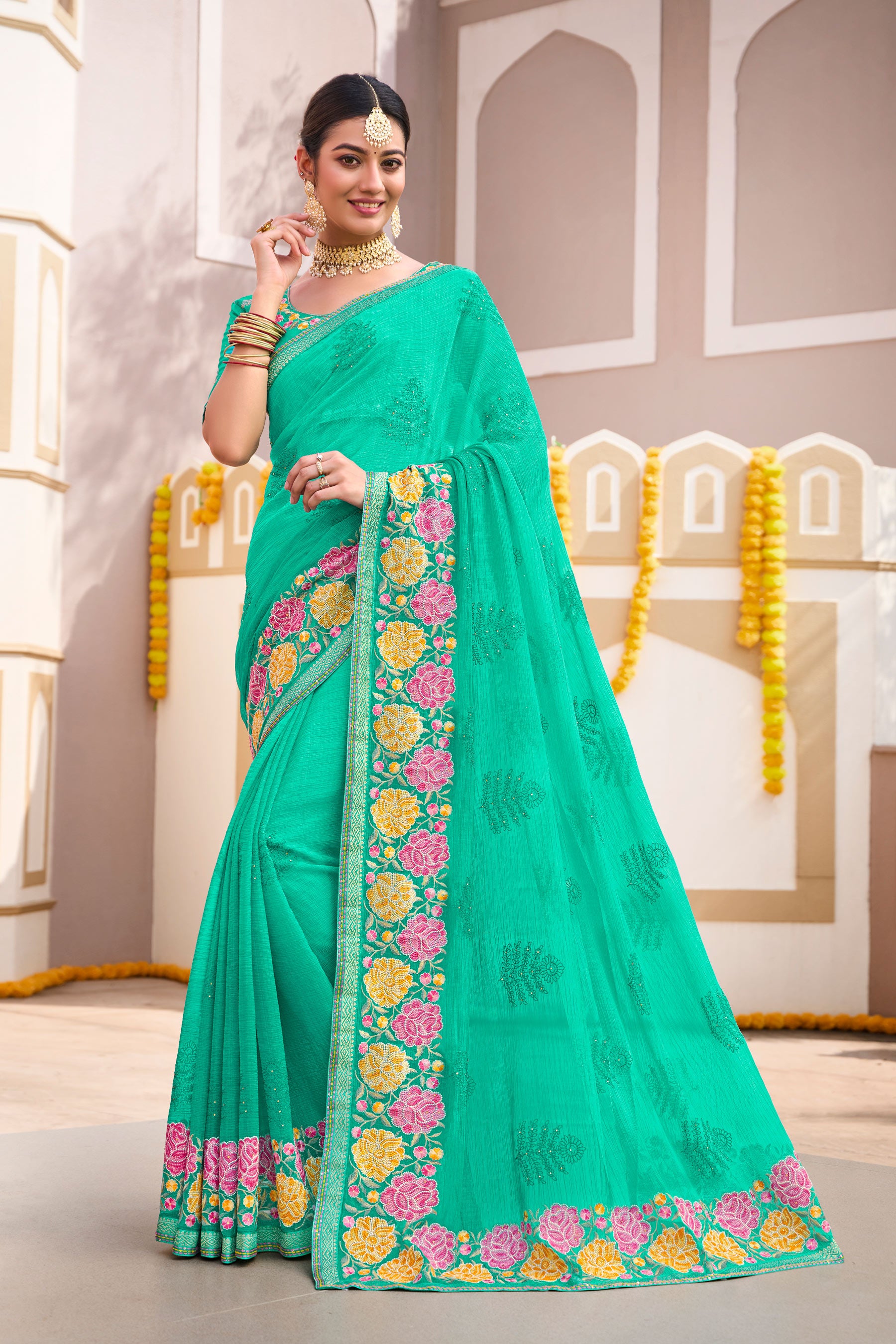 Turquoise Chiffon Saree with Classy Lace Border - Laadlee