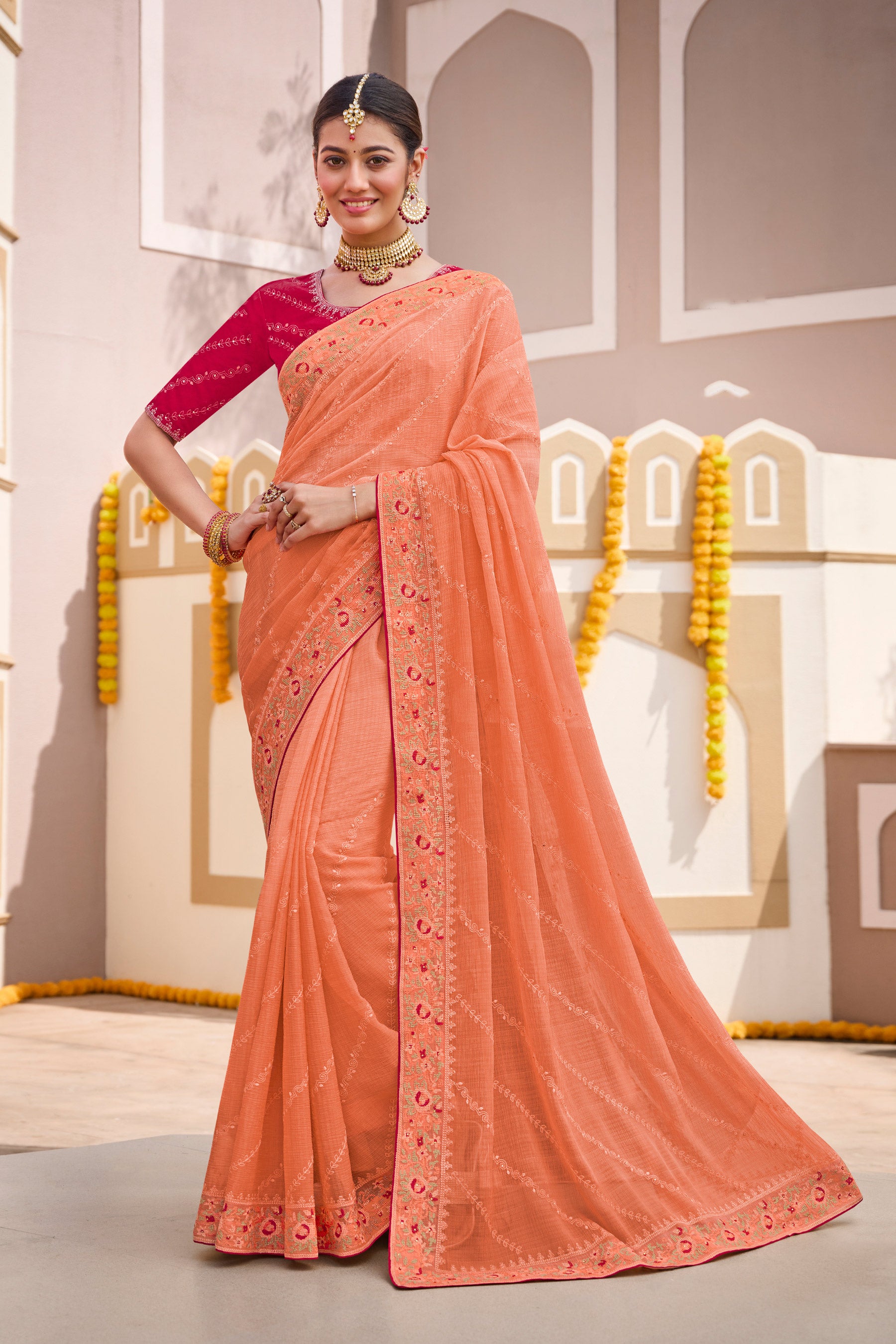 Peach Chiffon Saree with Classy Lace Border - Laadlee