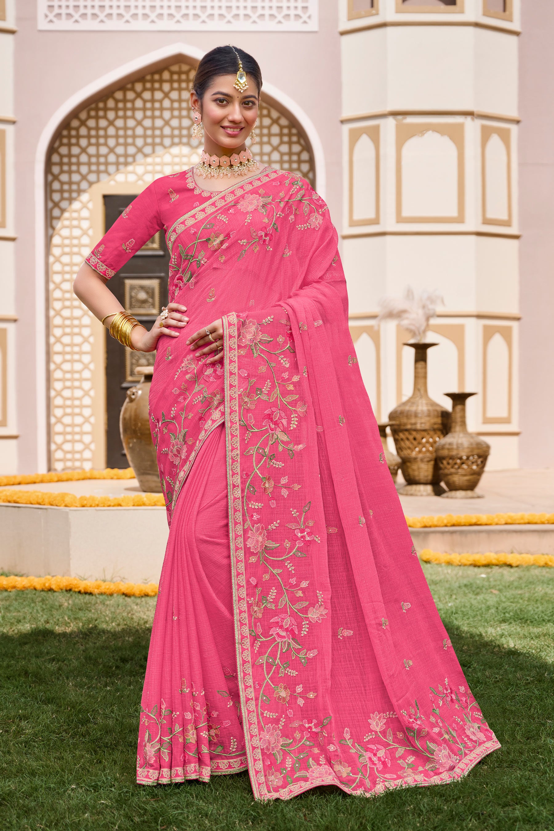 Ready to Wear Pink Chiffon Saree with Classy Lace Border - Laadlee