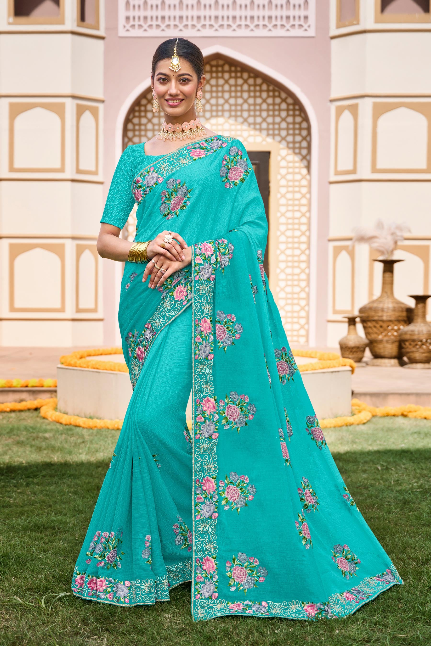 Blue Chiffon Saree with Classy Lace Border - Laadlee