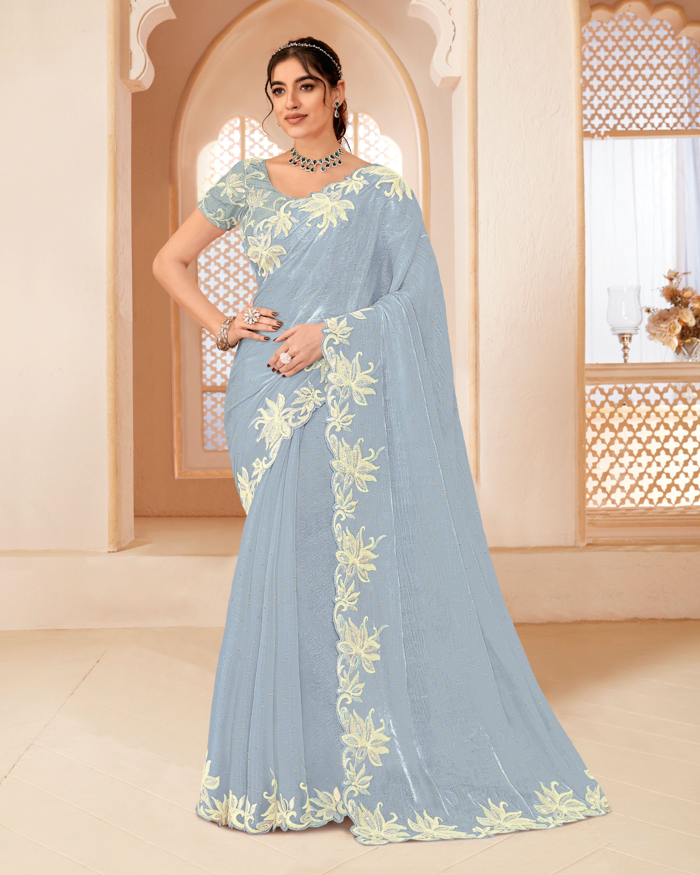 Laxmipati Manmarzi N-2323 Satin Chiffon Sky Blue Saree