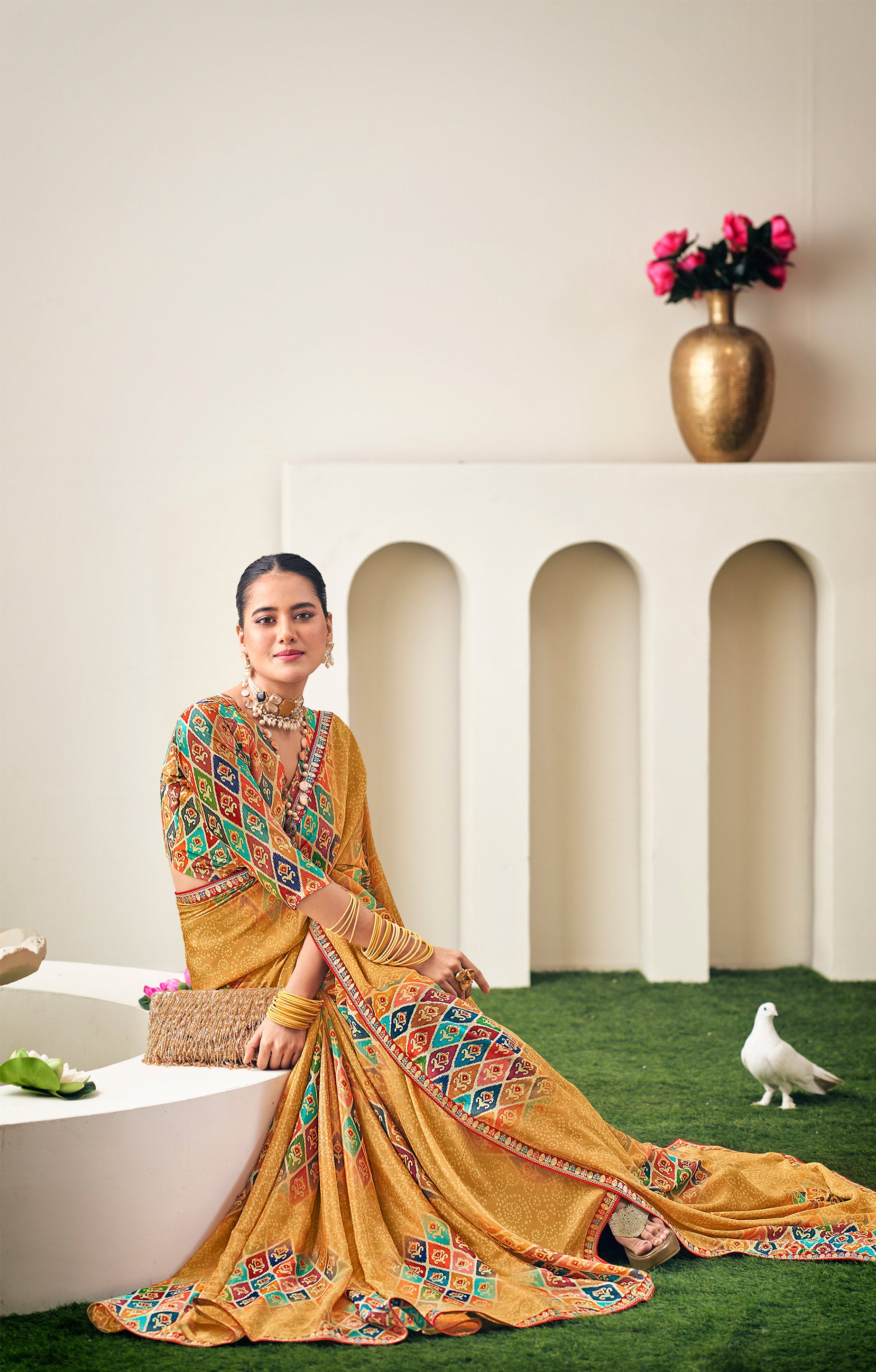 Mustard Floral Print Crepe Silk Saree - Dilkhush